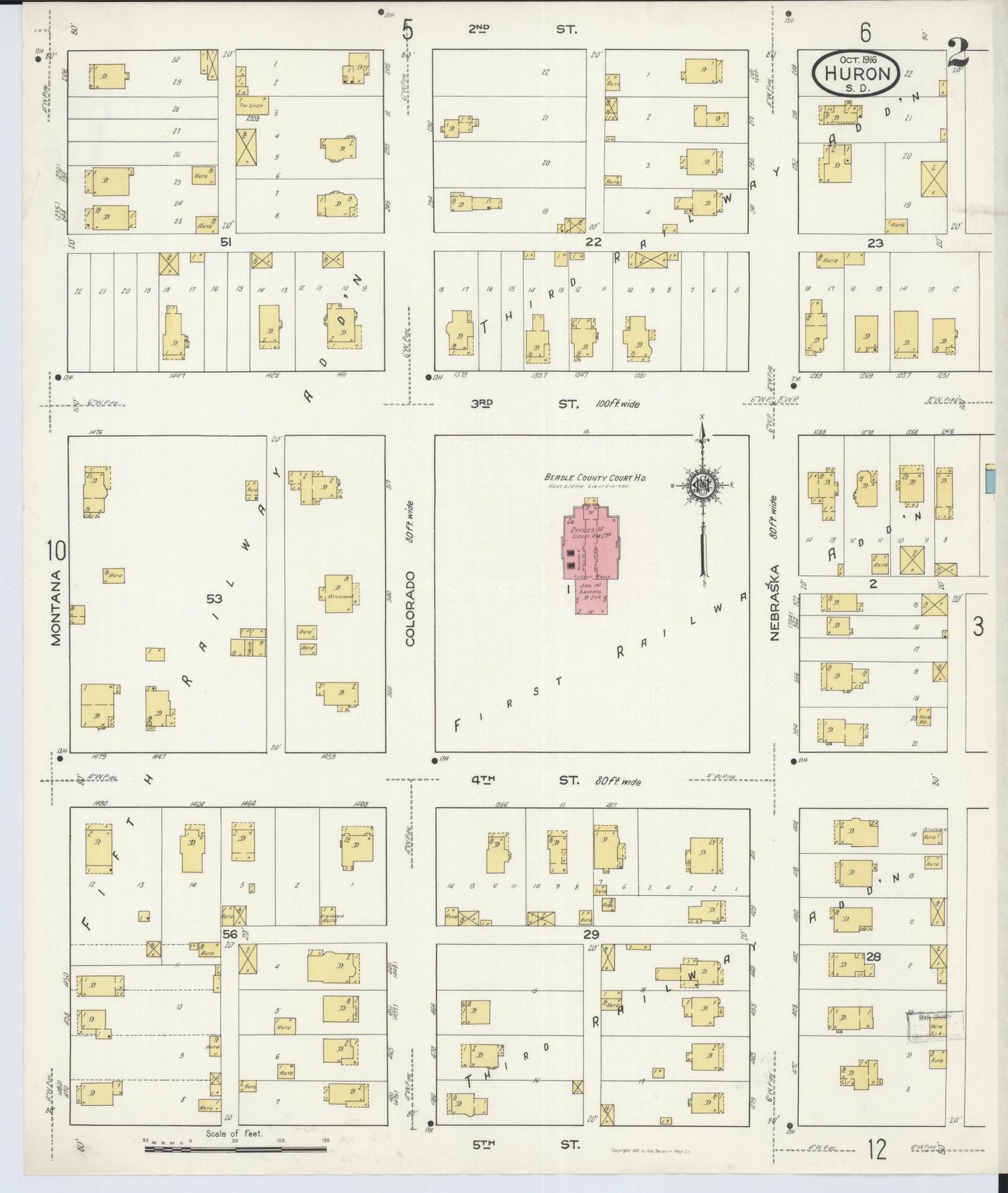 Sanborn Fire Insurance Map from Huron, Beadle County, South Dakota (1916), Sheet #0002 - Complete Map Set gallery image, historic Sanborn map, vintage wall art, South Dakota South Dakota