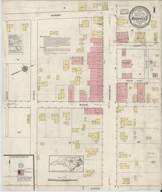 Sanborn Fire Insurance Map from Nashville, Nash County, North Carolina (1917), Sheet #0001 - Complete Map Set gallery image, historic Sanborn map, vintage wall art, North Carolina North Carolina
