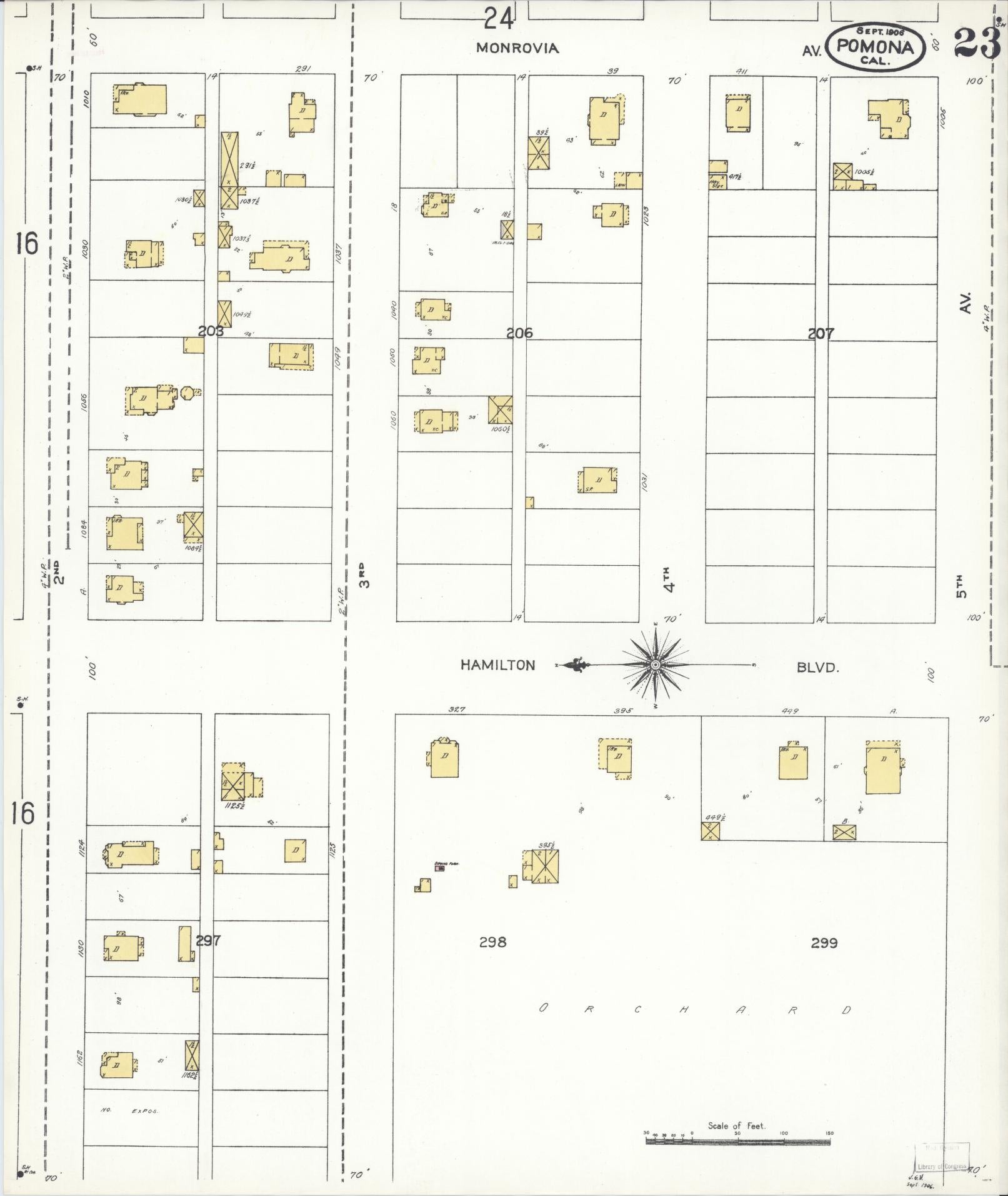 Sanborn Fire Insurance Map from Pomona, Los Angeles County, California (1906), Sheet #0023 - Complete Map Set gallery image, historic Sanborn map, vintage wall art, California California