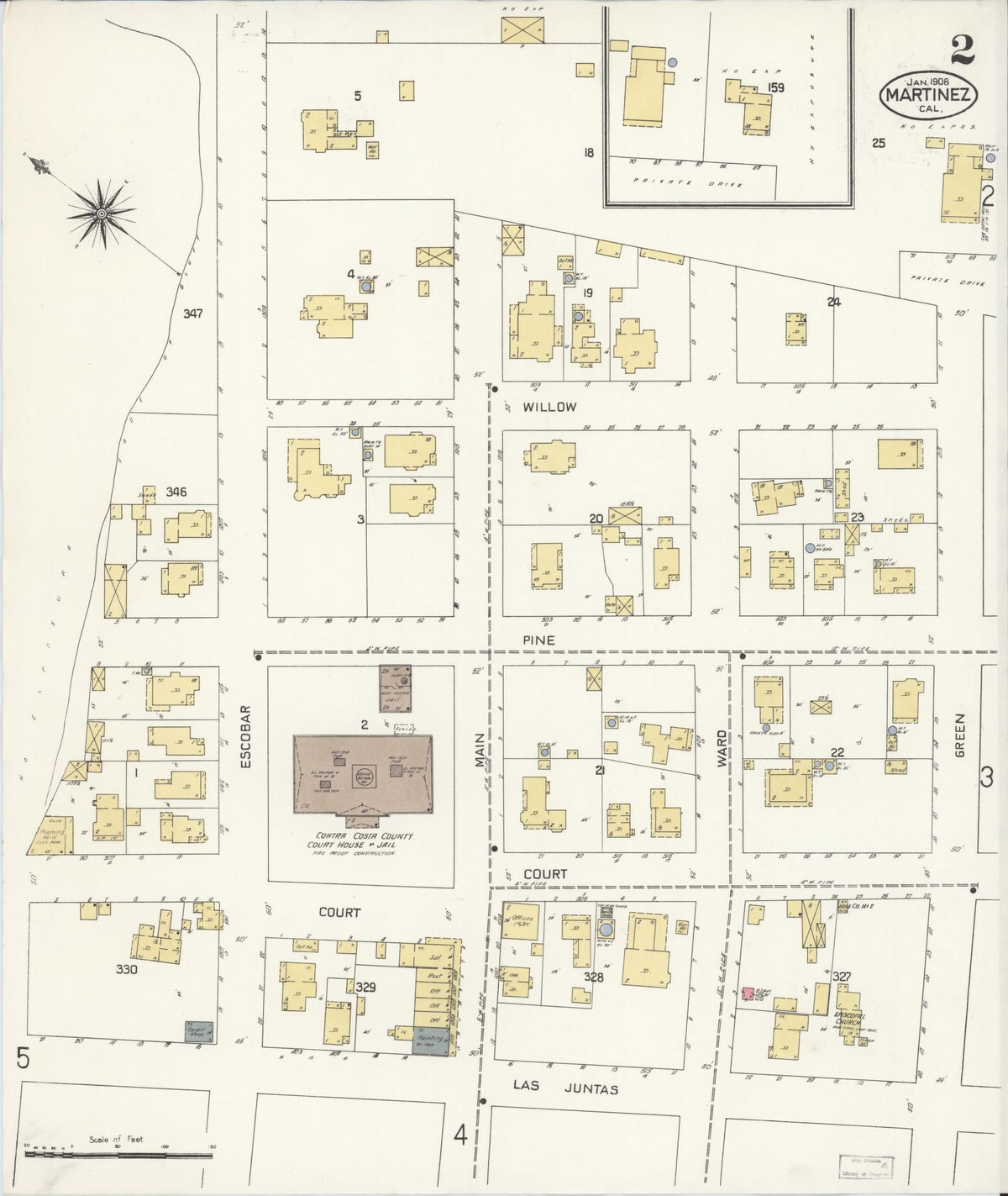 Sanborn Fire Insurance Map from Martinez, Contra Costa County, California (1908), Sheet #0002 - Complete Map Set gallery image, historic Sanborn map, vintage wall art, California California