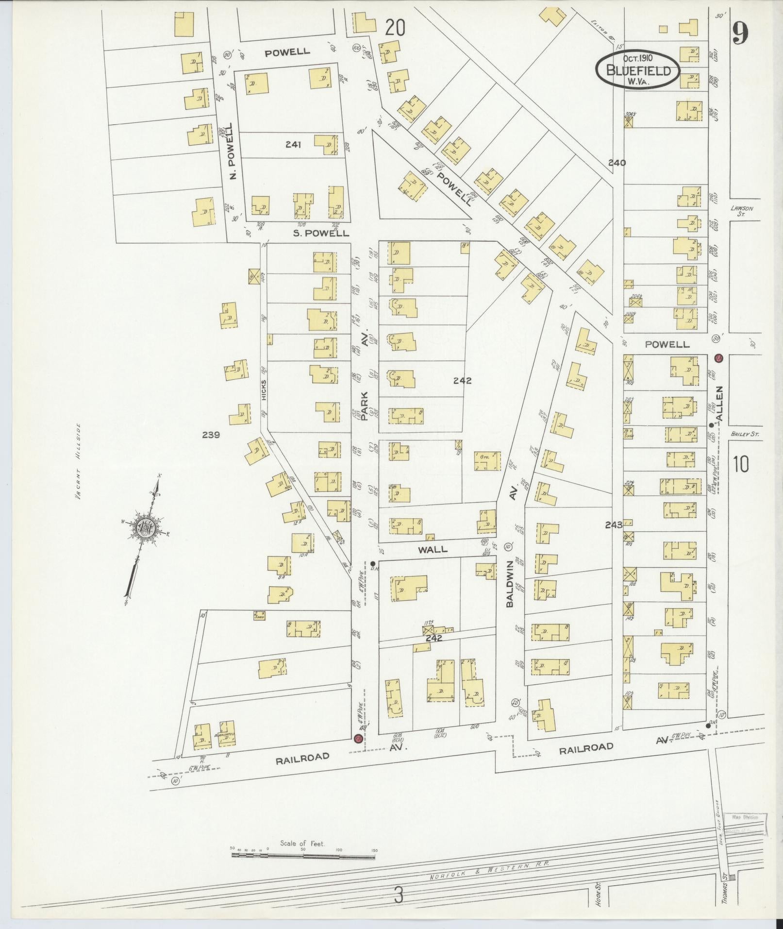 Sanborn Fire Insurance Map from Bluefield, Mercer County, West Virginia (1910), Sheet #0009 - Complete Map Set gallery image, historic Sanborn map, vintage wall art, West Virginia West Virginia
