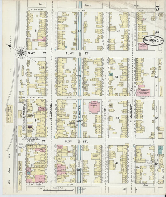 Sanborn Fire Insurance Map from Mahanoy City, Schuylkill County, Pennsylvania (1891), Sheet #0005 - Historic Sanborn Fire Insurance Map Print, vintage old map wall art, antique decor, genealogy gift, Pennsylvania Pennsylvania map
