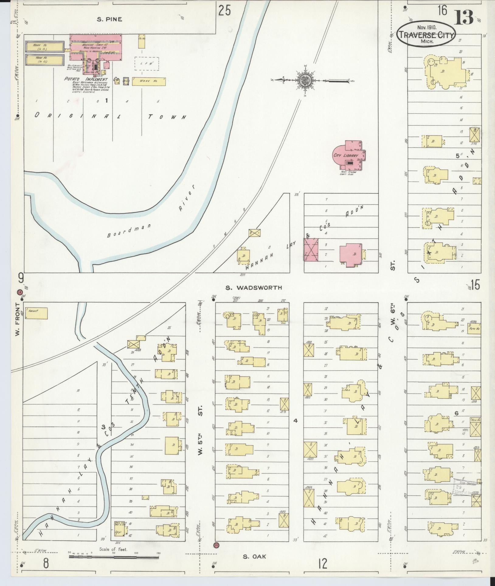 Sanborn Fire Insurance Map from Traverse City, Grand Traverse County, Michigan (1910), Sheet #0013 - Historic Sanborn Fire Insurance Map Print, vintage old map wall art, antique decor, genealogy gift, Michigan Michigan map