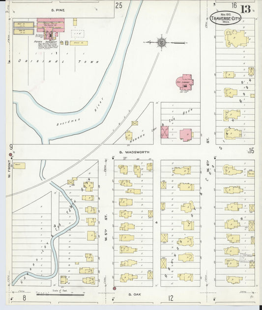 Sanborn Fire Insurance Map from Traverse City, Grand Traverse County, Michigan (1910), Sheet #0013 - Historic Sanborn Fire Insurance Map Print, vintage old map wall art, antique decor, genealogy gift, Michigan Michigan map
