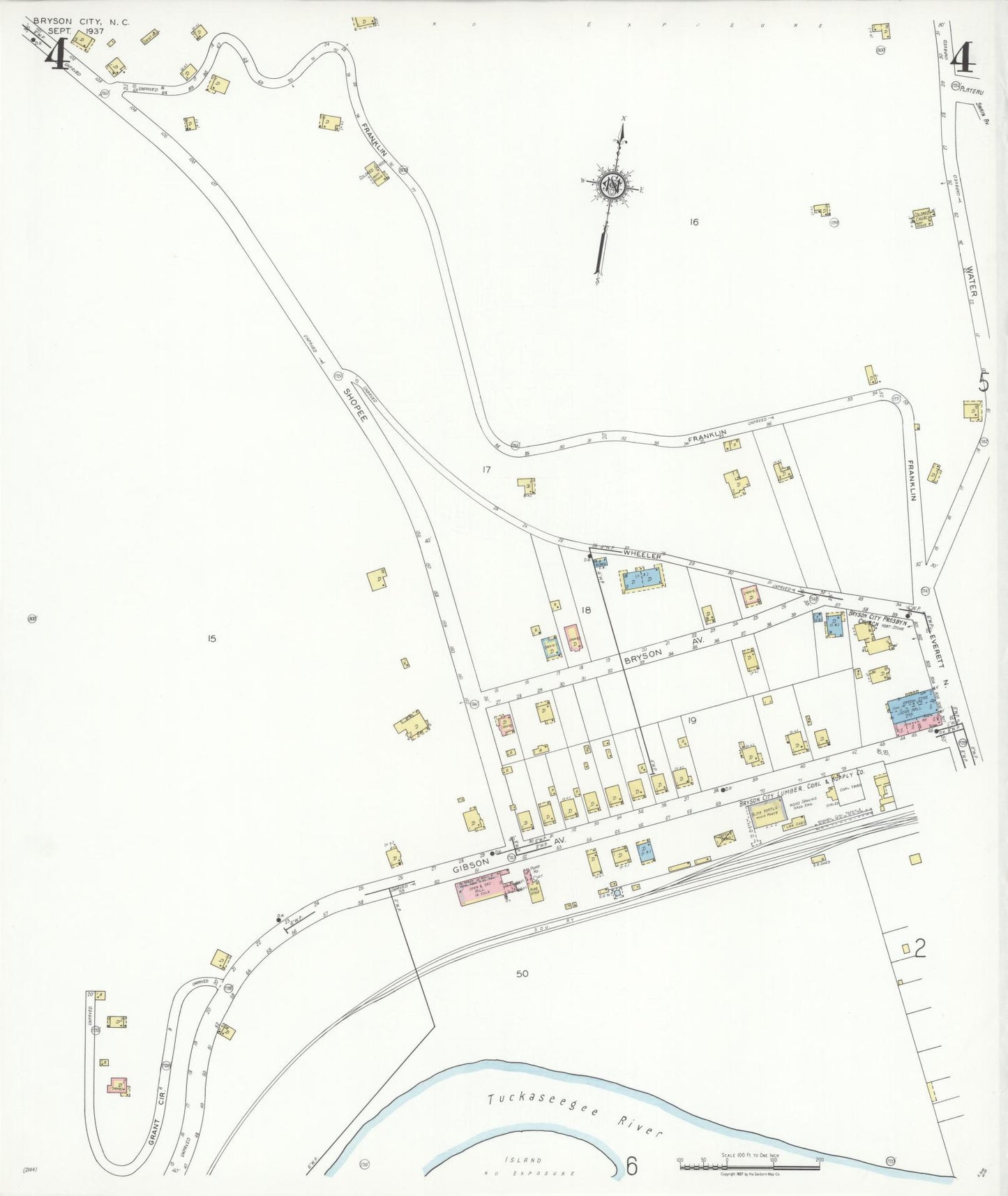 Sanborn Fire Insurance Map from Bryson City, Swain County, North Carolina (1937), Sheet #0004 - Complete Map Set gallery image, historic Sanborn map, vintage wall art, North Carolina North Carolina