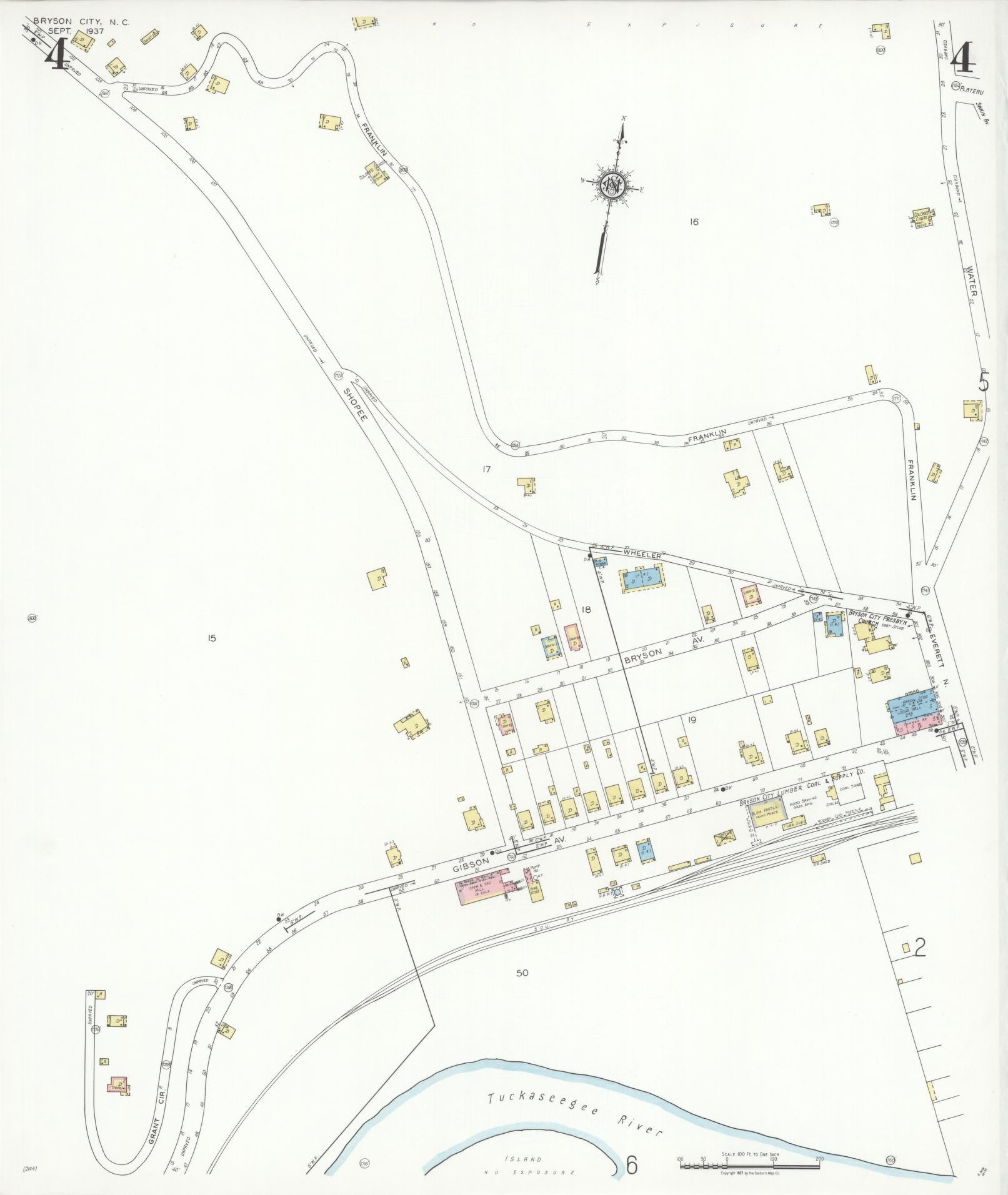 Sanborn Fire Insurance Map from Bryson City, Swain County, North Carolina (1937), Sheet #0004 - Complete Map Set gallery image, historic Sanborn map, vintage wall art, North Carolina North Carolina