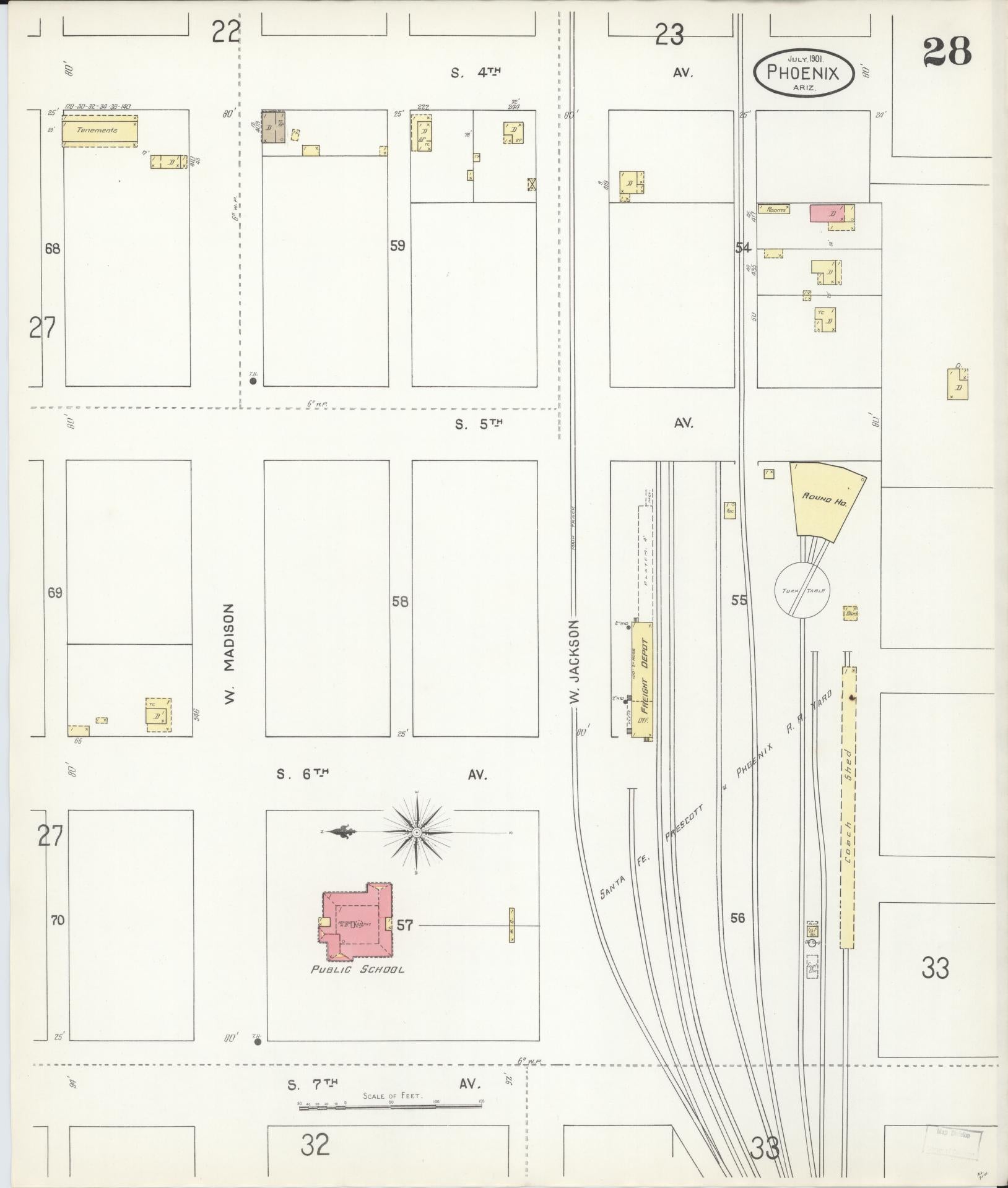 Sanborn Fire Insurance Map from Phoenix, Maricopa County, Arizona (1901), Sheet #0028 - Complete Map Set gallery image, historic Sanborn map, vintage wall art, Arizona Arizona