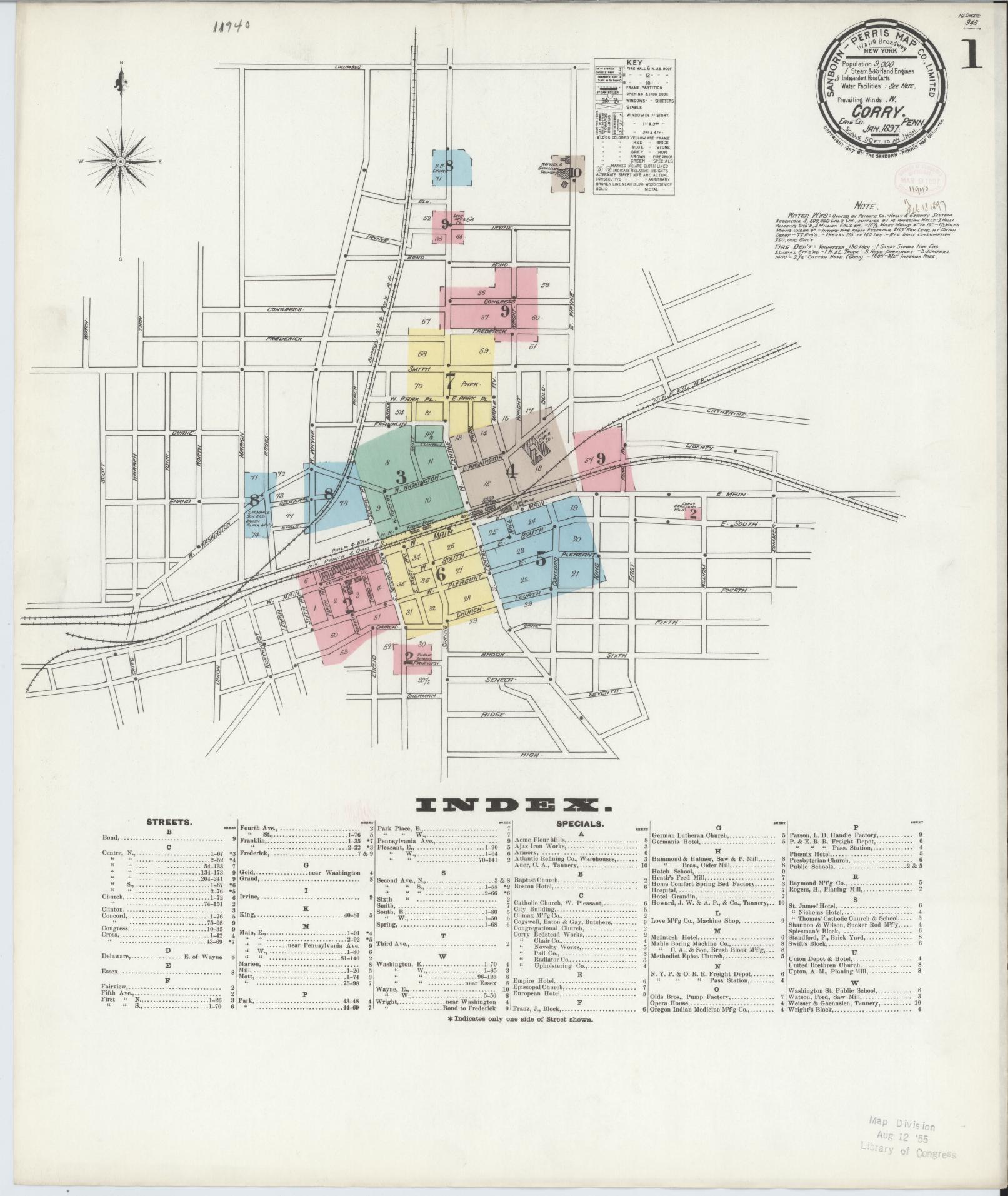 Sanborn Fire Insurance Map from Corry, Erie County, Pennsylvania (1897), Sheet #0001 - Historic Sanborn Fire Insurance Map Print, vintage old map wall art, antique decor, genealogy gift, Pennsylvania Pennsylvania map