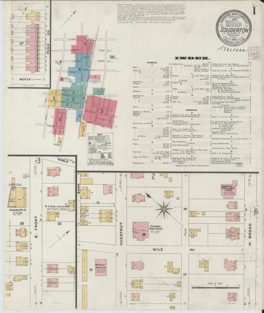 Sanborn Fire Insurance Map from Souderton, Montgomery County, Pennsylvania (1908), Sheet #0001 - Historic Sanborn Fire Insurance Map Print, vintage old map wall art, antique decor, genealogy gift, Pennsylvania Pennsylvania map
