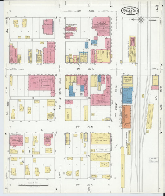 Sanborn Fire Insurance Map from Valley City, Barnes County, North Dakota (1919), Sheet #0007 - Historic Sanborn Fire Insurance Map Print, vintage old map wall art, antique decor, genealogy gift, North Dakota North Dakota map