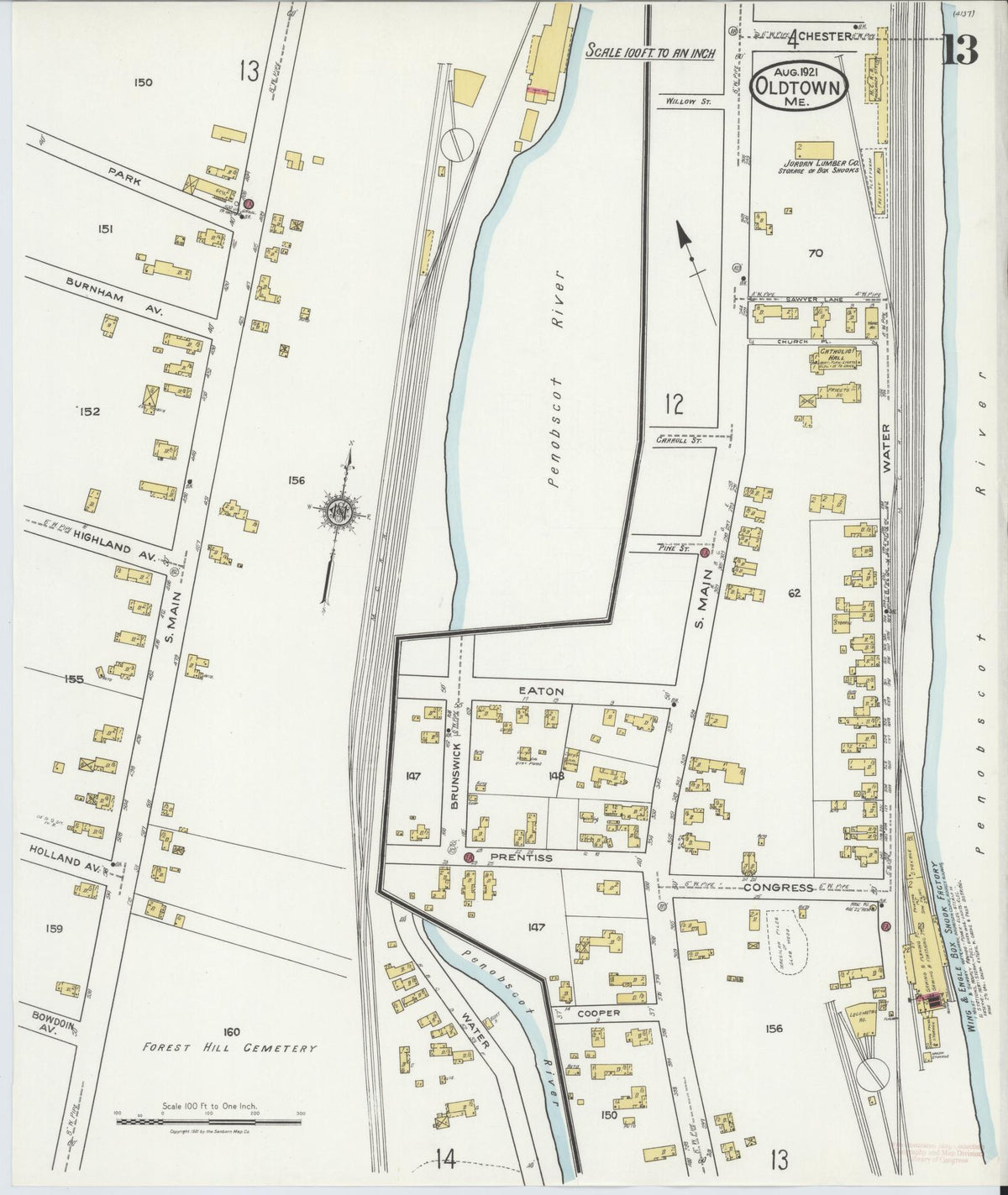 Sanborn Fire Insurance Map from Old Town, Penobscot County, Maine (1921), Sheet #0013 - Complete Map Set gallery image, historic Sanborn map, vintage wall art, Maine Maine