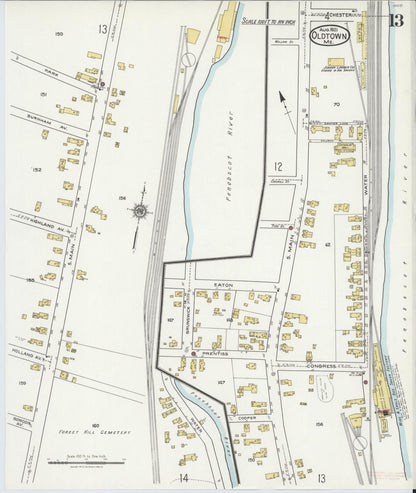 Sanborn Fire Insurance Map from Old Town, Penobscot County, Maine (1921), Sheet #0013 - Complete Map Set gallery image, historic Sanborn map, vintage wall art, Maine Maine