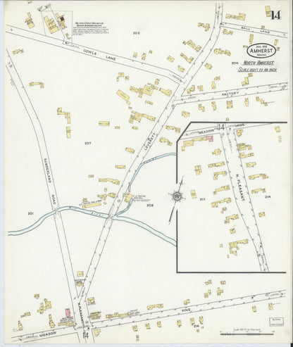 Sanborn Fire Insurance Map from Amherst, Hampshire County, Massachusetts (1916), Sheet #0014 - Historic Sanborn Fire Insurance Map Print, vintage old map wall art, antique decor, genealogy gift, Massachusetts Massachusetts map