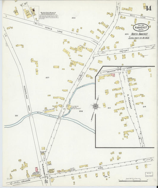 Sanborn Fire Insurance Map from Amherst, Hampshire County, Massachusetts (1916), Sheet #0014 - Historic Sanborn Fire Insurance Map Print, vintage old map wall art, antique decor, genealogy gift, Massachusetts Massachusetts map