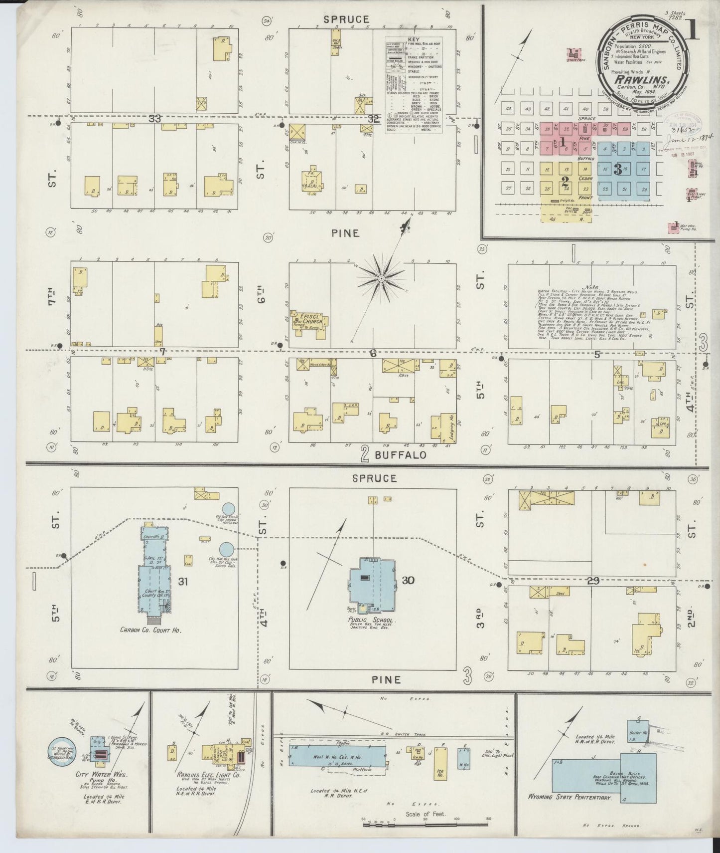 Sanborn Fire Insurance Map from Rawlins, Carbon County, Wyoming (1894), Sheet #0001 - Complete Map Set gallery image, historic Sanborn map, vintage wall art, Wyoming Wyoming