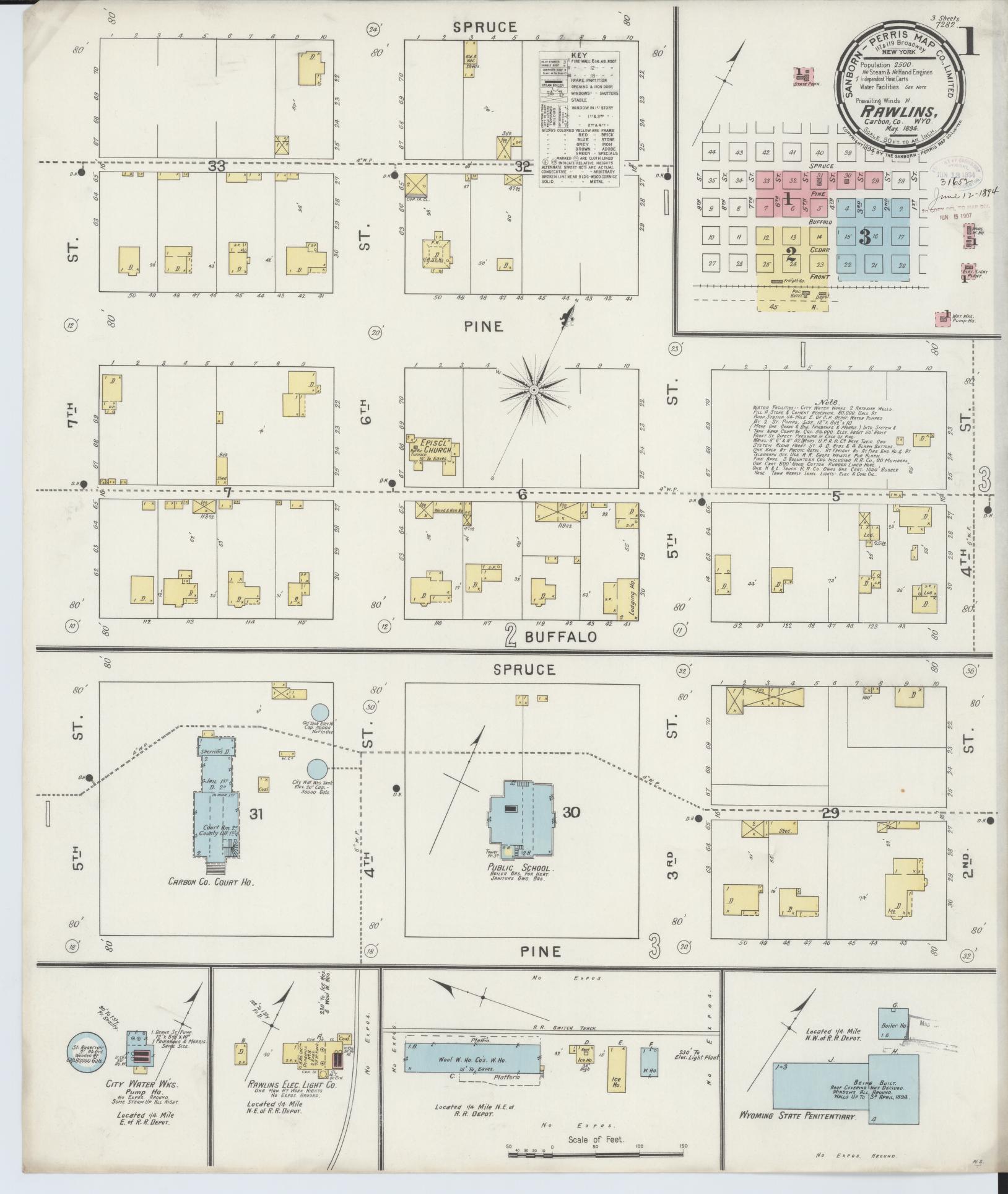 Sanborn Fire Insurance Map from Rawlins, Carbon County, Wyoming (1894), Sheet #0001 - Complete Map Set gallery image, historic Sanborn map, vintage wall art, Wyoming Wyoming