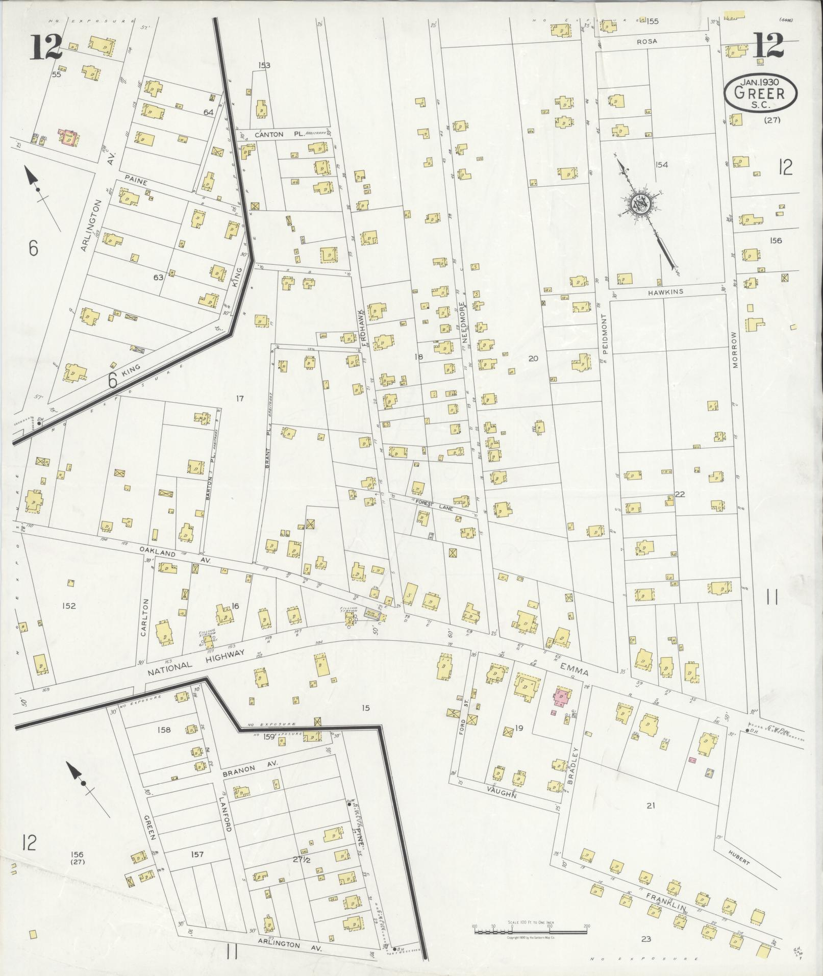 Sanborn Fire Insurance Map from Greer, Greenville and Spartanburg Counties, South Carolina (1930), Sheet #0012 - Historic Sanborn Fire Insurance Map Print, vintage old map wall art, antique decor, genealogy gift, South Carolina South Carolina map