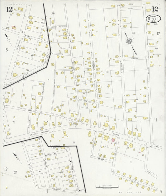 Sanborn Fire Insurance Map from Greer, Greenville and Spartanburg Counties, South Carolina (1930), Sheet #0012 - Historic Sanborn Fire Insurance Map Print, vintage old map wall art, antique decor, genealogy gift, South Carolina South Carolina map