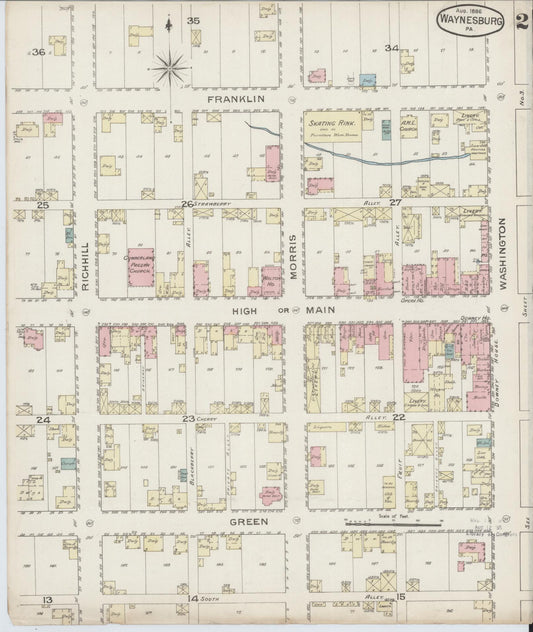 Sanborn Fire Insurance Map from Waynesburg, Greene County, Pennsylvania (1886), Sheet #0002 - Historic Sanborn Fire Insurance Map Print, vintage old map wall art, antique decor, genealogy gift, Pennsylvania Pennsylvania map