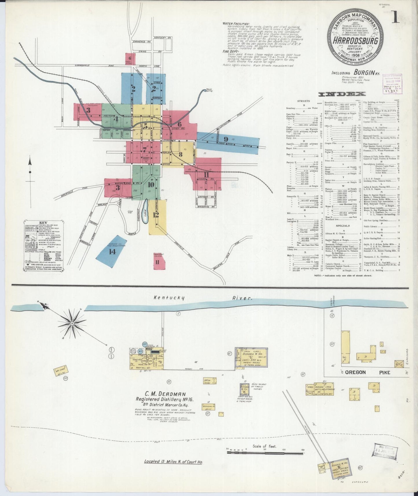 Sanborn Fire Insurance Map from Harrodsburg, Mercer County, Kentucky (1908), Sheet #0001 - Complete Map Set gallery image, historic Sanborn map, vintage wall art, Kentucky Kentucky