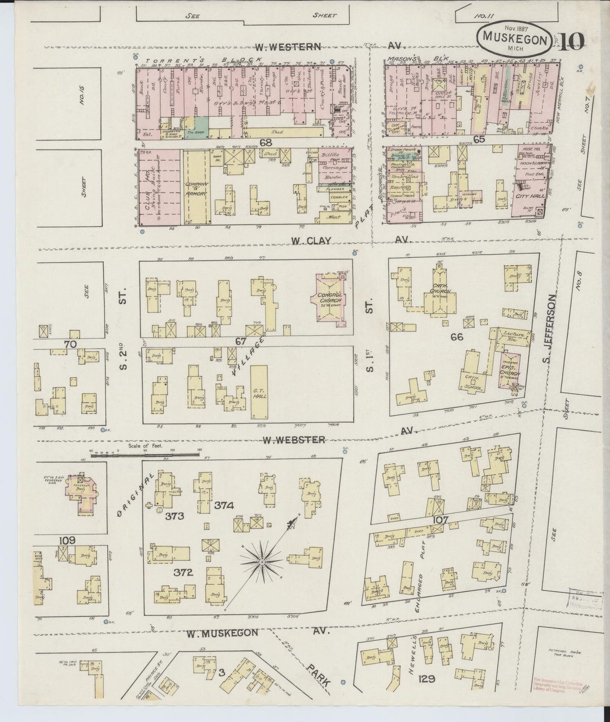 Sanborn Fire Insurance Map from Muskegon, Muskegon County, Michigan (1887), Sheet #0010 - Historic Sanborn Fire Insurance Map Print, vintage old map wall art, antique decor, genealogy gift, Michigan Michigan map