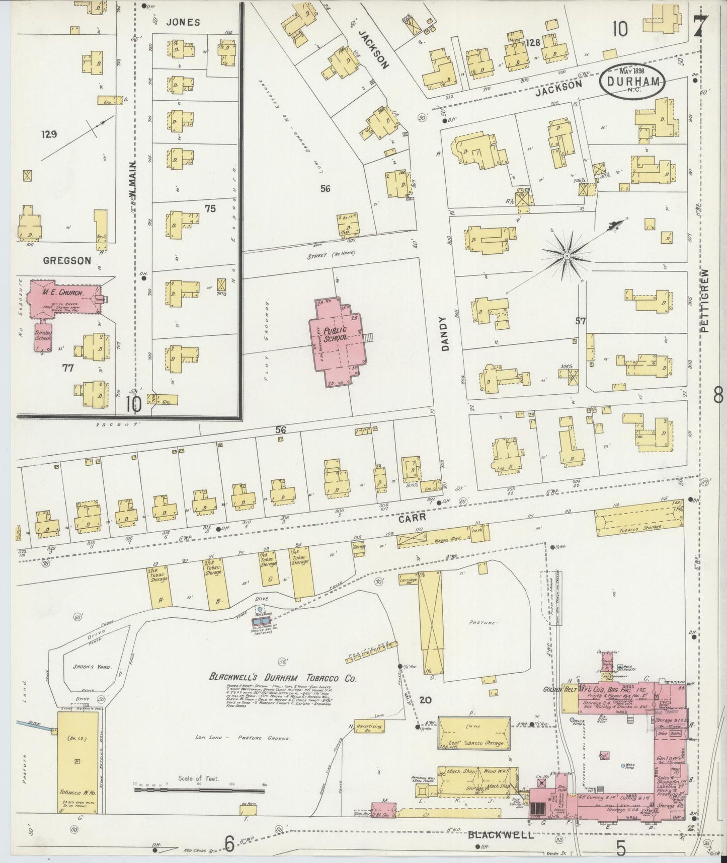 Sanborn Fire Insurance Map from Durham, Durham County, North Carolina (1898), Sheet #0007 - Complete Map Set gallery image, historic Sanborn map, vintage wall art, North Carolina North Carolina