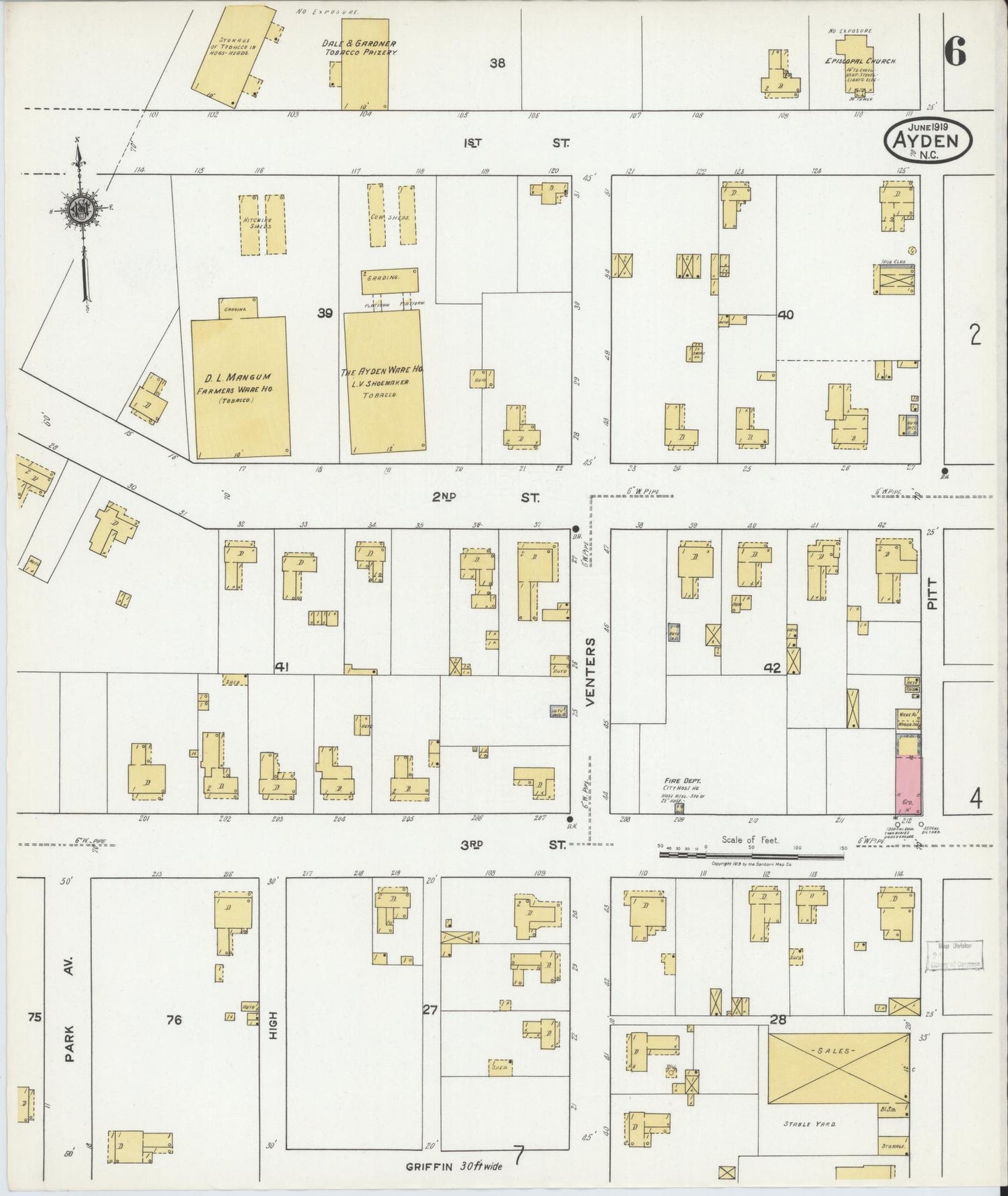 Sanborn Fire Insurance Map from Ayden, Pitt County, North Carolina (1919), Sheet #0006 - Complete Map Set gallery image, historic Sanborn map, vintage wall art, North Carolina North Carolina