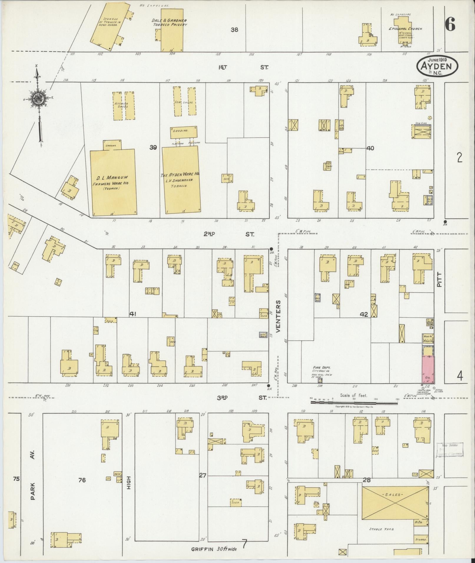 Sanborn Fire Insurance Map from Ayden, Pitt County, North Carolina (1919), Sheet #0006 - Complete Map Set gallery image, historic Sanborn map, vintage wall art, North Carolina North Carolina