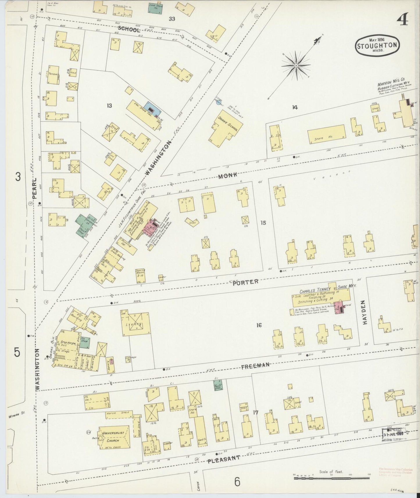 Sanborn Fire Insurance Map from Stoughton, Norfolk County, Massachusetts (1896), Sheet #0004 - Complete Map Set gallery image, historic Sanborn map, vintage wall art, Massachusetts Massachusetts