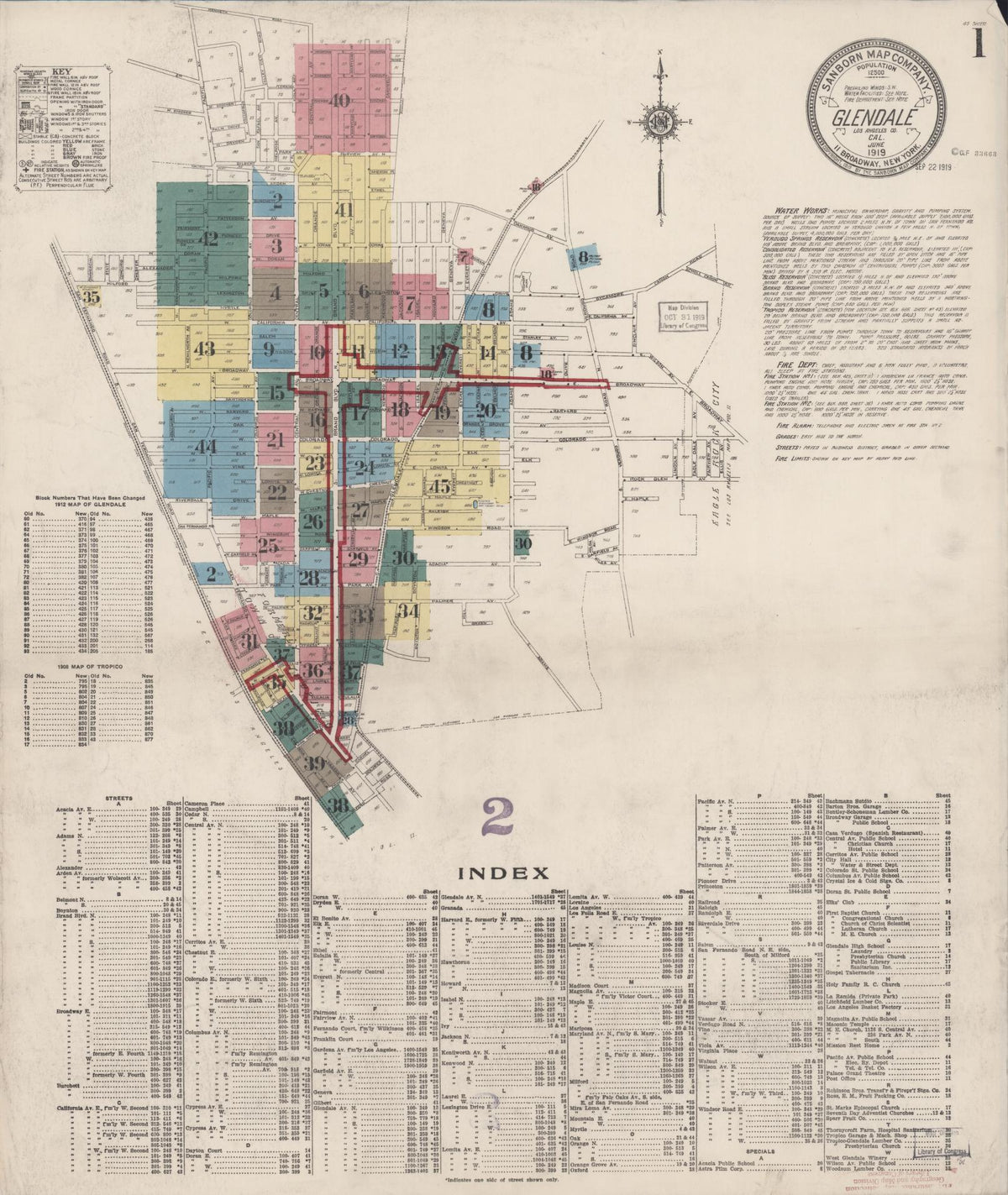 Sanborn Fire Insurance Map from Glendale, Los Angeles County, California (1919), Sheet #0001 - Complete Map Set gallery image, historic Sanborn map, vintage wall art, California California