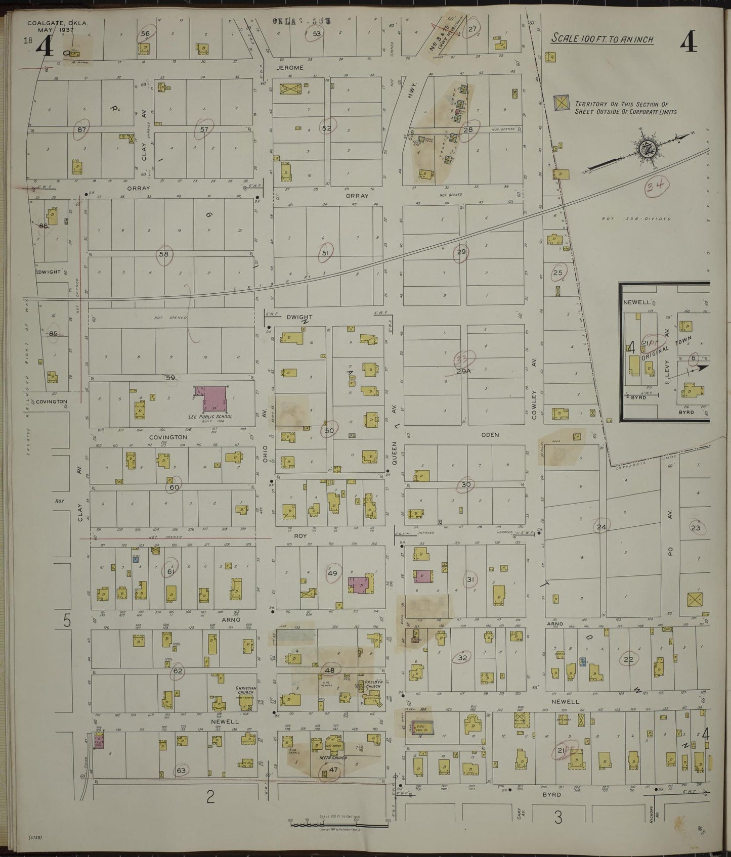 Sanborn Fire Insurance Map from Coalgate, Coal County, Oklahoma (1944), Sheet #0004 - Complete Map Set gallery image, historic Sanborn map, vintage wall art, Oklahoma Oklahoma