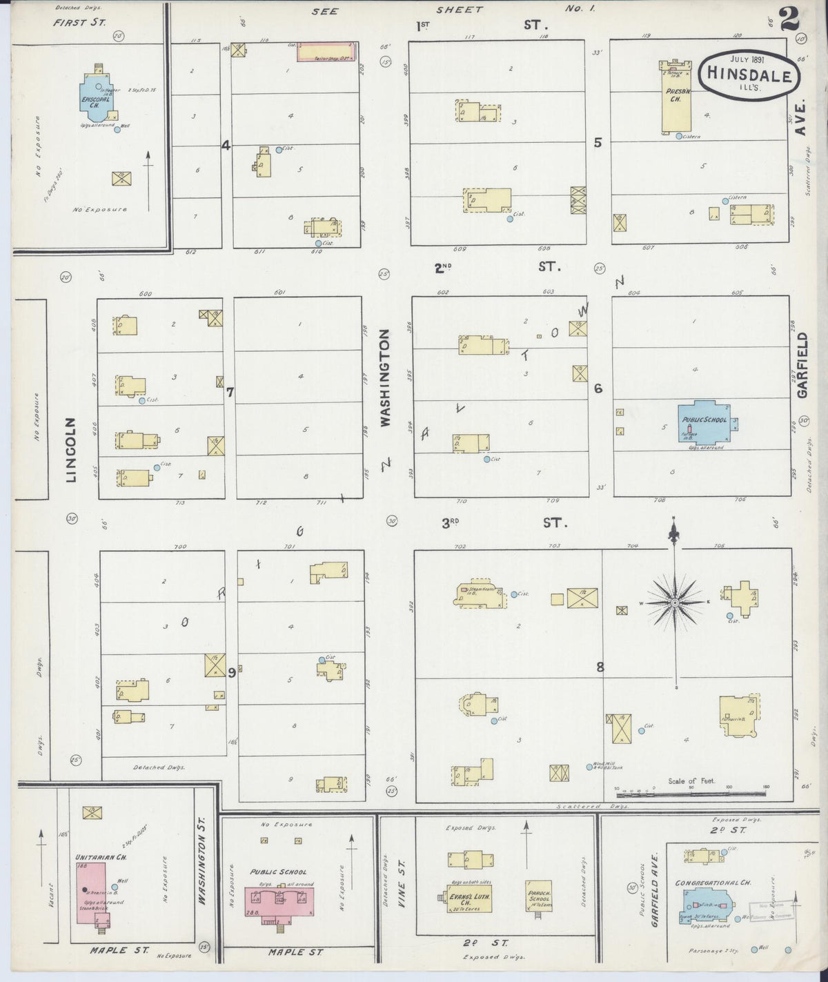 Sanborn Fire Insurance Map from Hinsdale, Du Page And Cook Counties, Illinois (1891), Sheet #0002 - Complete Map Set gallery image, historic Sanborn map, vintage wall art, Illinois Illinois