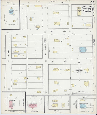 Sanborn Fire Insurance Map from Hinsdale, Du Page And Cook Counties, Illinois (1891), Sheet #0002 - Complete Map Set gallery image, historic Sanborn map, vintage wall art, Illinois Illinois