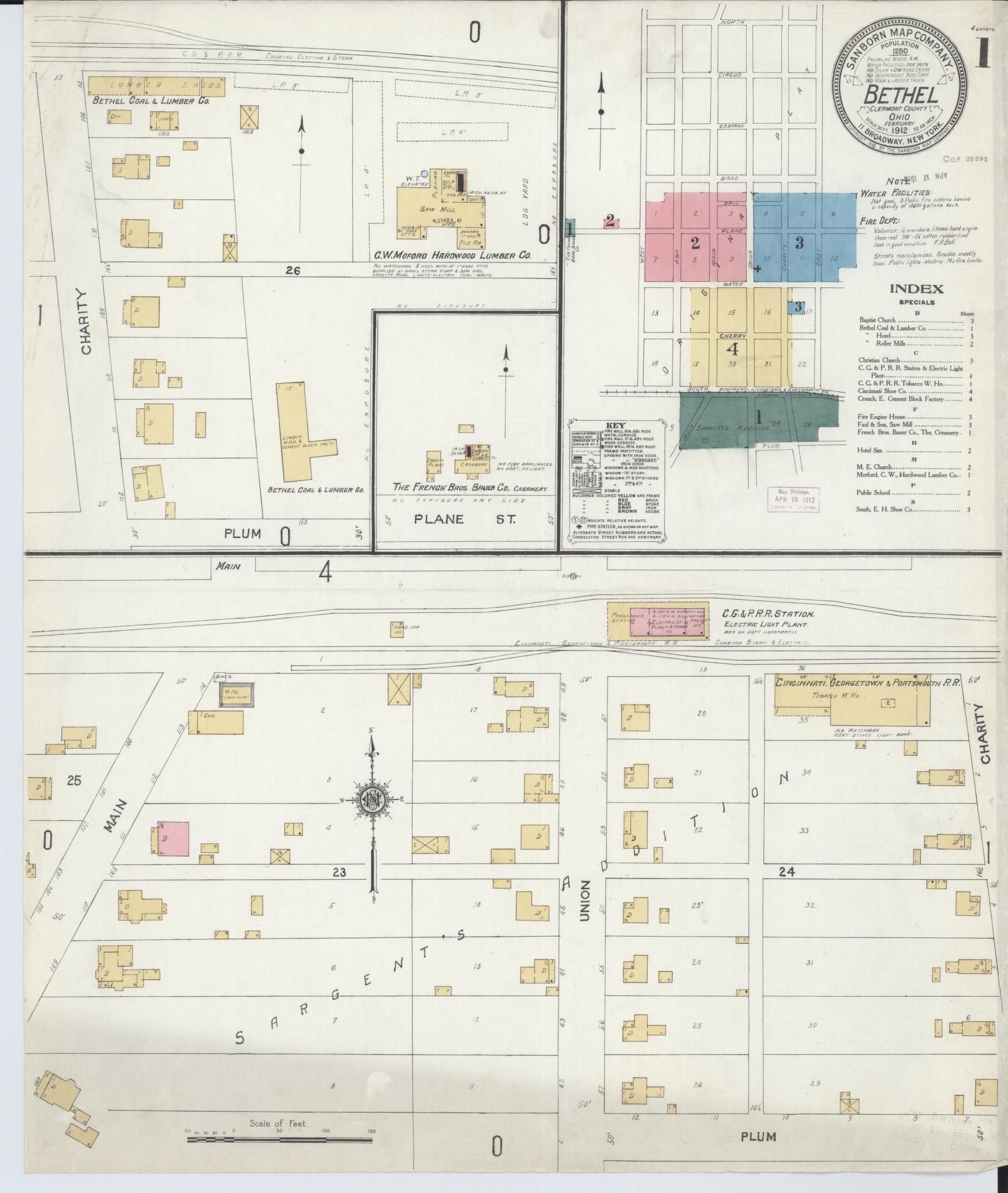 Sanborn Fire Insurance Map from Bethel, Clermont County, Ohio (1912), Sheet #0001 - Historic Sanborn Fire Insurance Map Print, vintage old map wall art, antique decor, genealogy gift, Ohio Ohio map