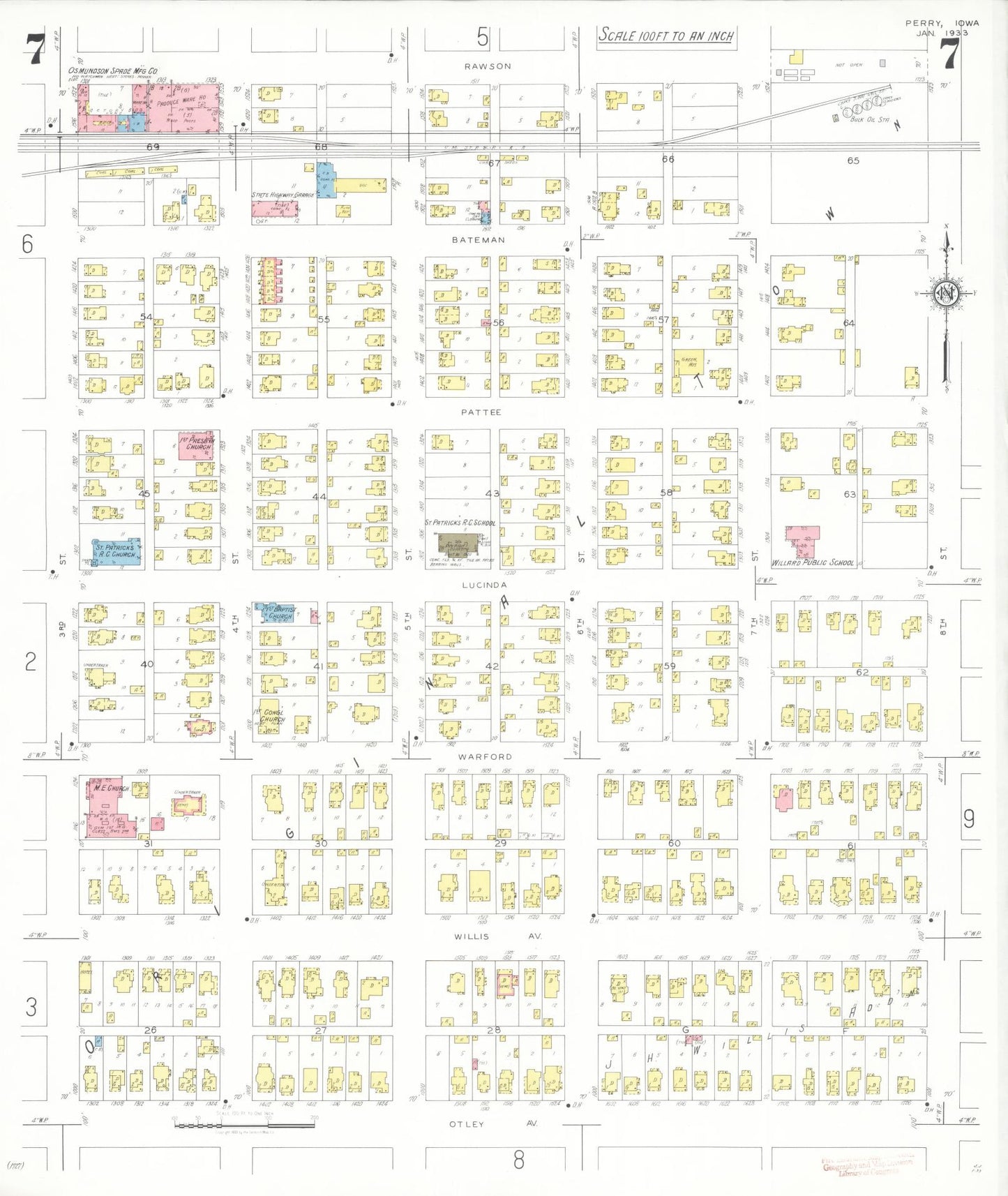 Sanborn Fire Insurance Map from Perry, Dallas County, Iowa (1933), Sheet #0007 - Historic Sanborn Fire Insurance Map Print, vintage old map wall art