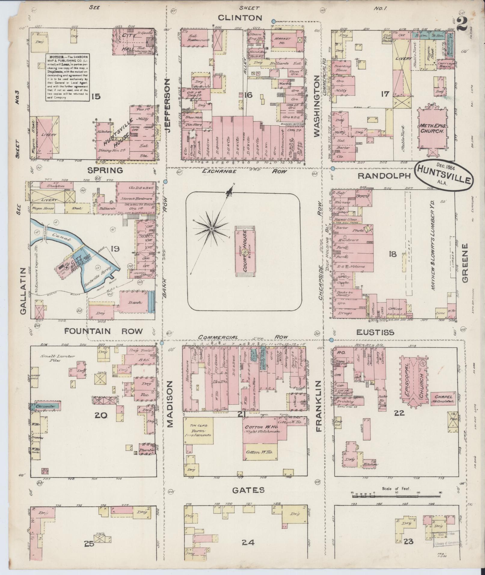Sanborn Fire Insurance Map from Huntsville, Madison County, Alabama (1884), Sheet #0002 - Complete Map Set gallery image, historic Sanborn map, vintage wall art, Alabama Alabama