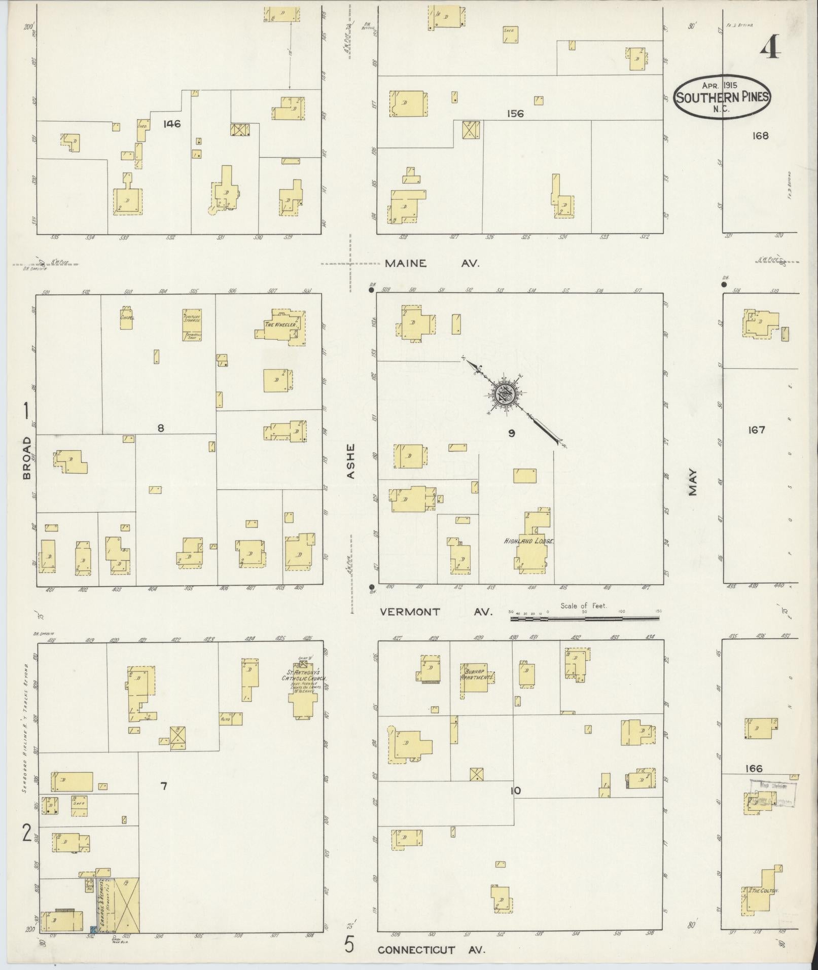 Sanborn Fire Insurance Map from Southern Pines, Moore County, North Carolina (1915), Sheet #0004 - Historic Sanborn Fire Insurance Map Print, vintage old map wall art, antique decor, genealogy gift, North Carolina North Carolina map