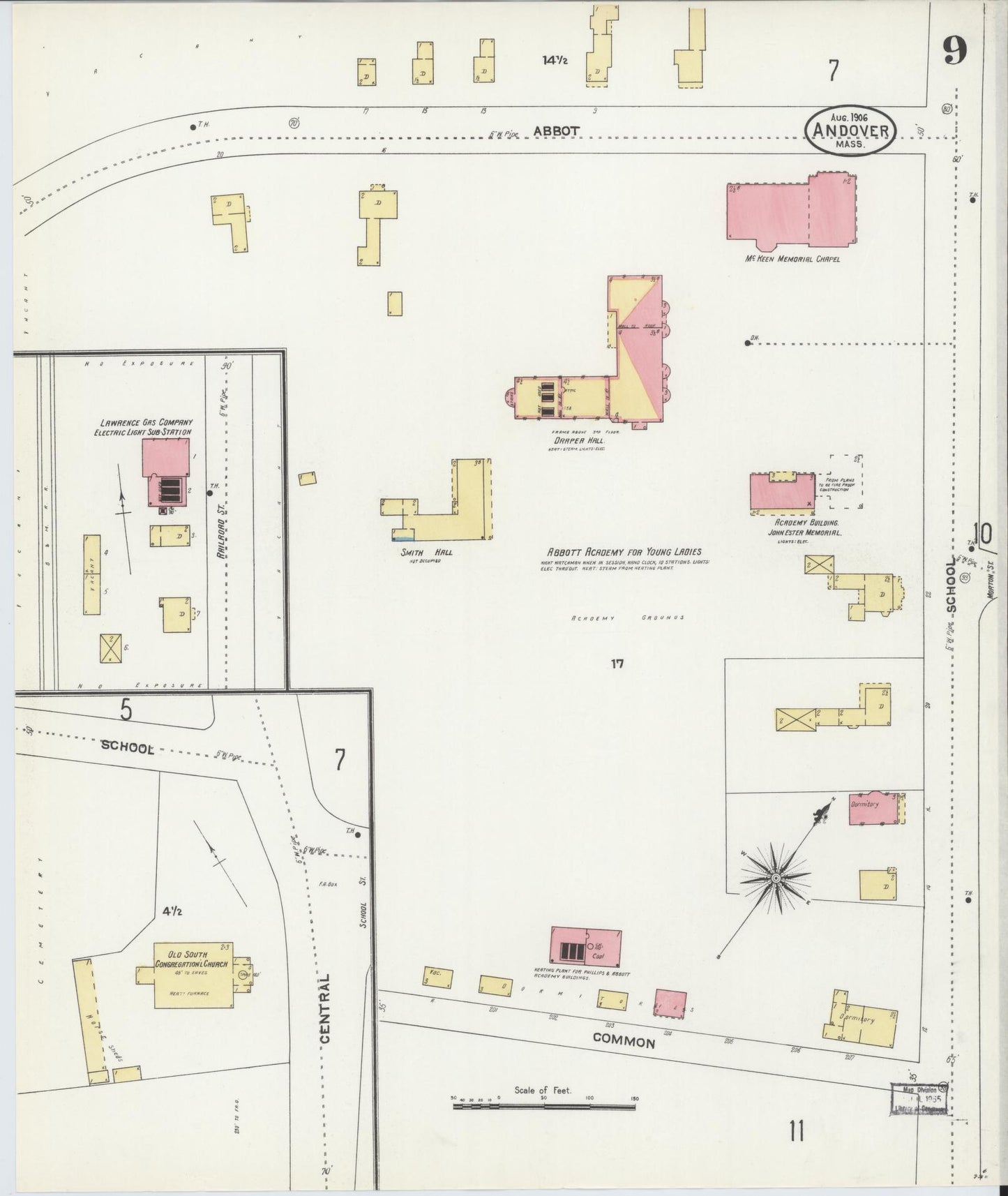 Sanborn Fire Insurance Map from Andover, Essex County, Massachusetts (1906), Sheet #0009 - Complete Map Set gallery image, historic Sanborn map, vintage wall art, Massachusetts Massachusetts