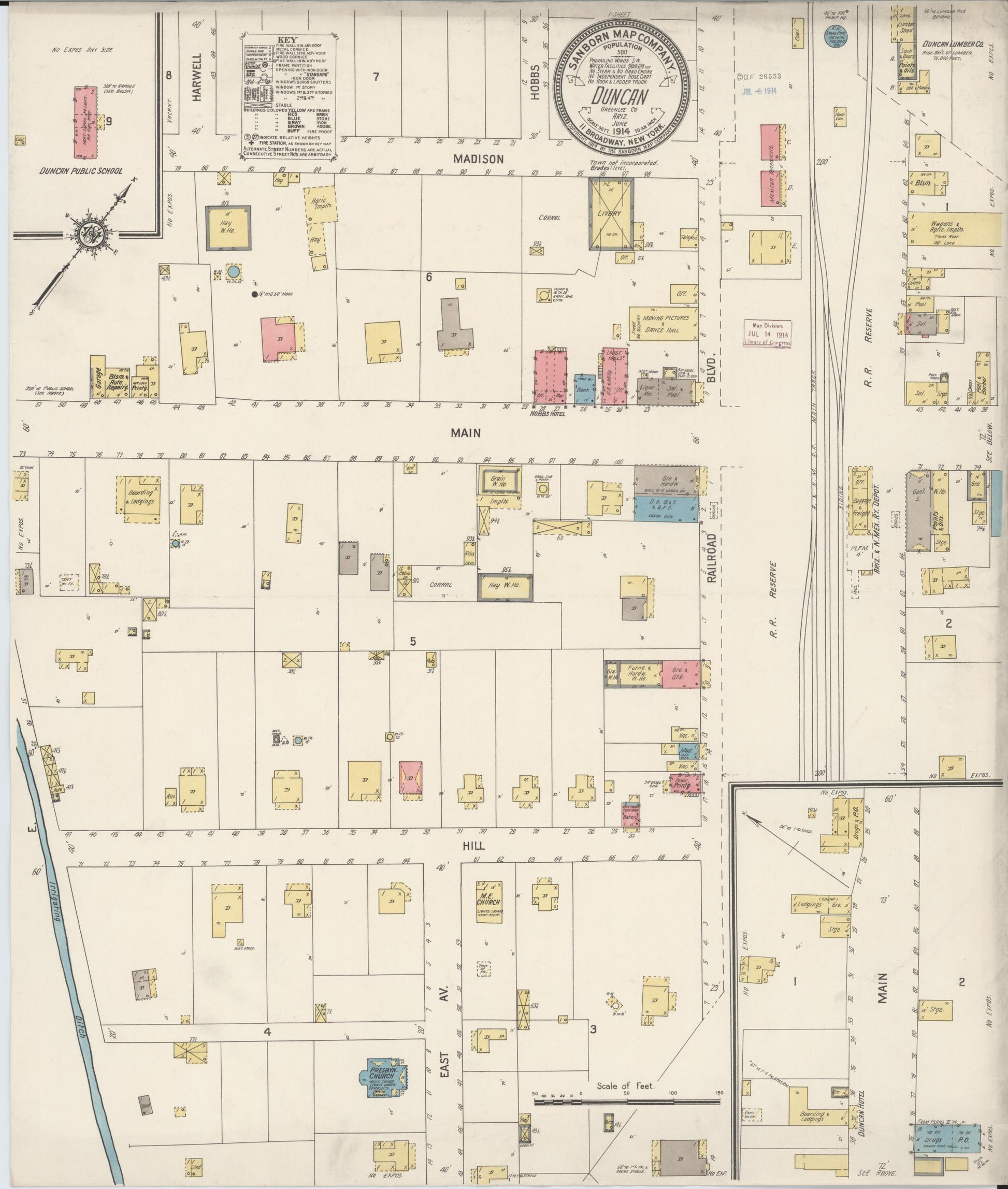 Sanborn Fire Insurance Map from Duncan, Greenlee County, Arizona (1914), Sheet #0001 - Historic Sanborn Fire Insurance Map Print, vintage old map wall art, antique decor, genealogy gift, Arizona Arizona map
