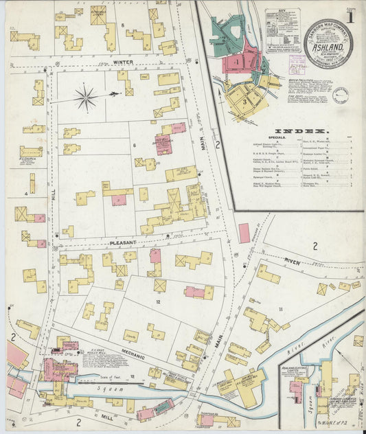 Sanborn Fire Insurance Map from Ashland, Grafton County, New Hampshire (1902), Sheet #0001 - Historic Sanborn Fire Insurance Map Print, vintage old map wall art, antique decor, genealogy gift, New Hampshire New Hampshire map