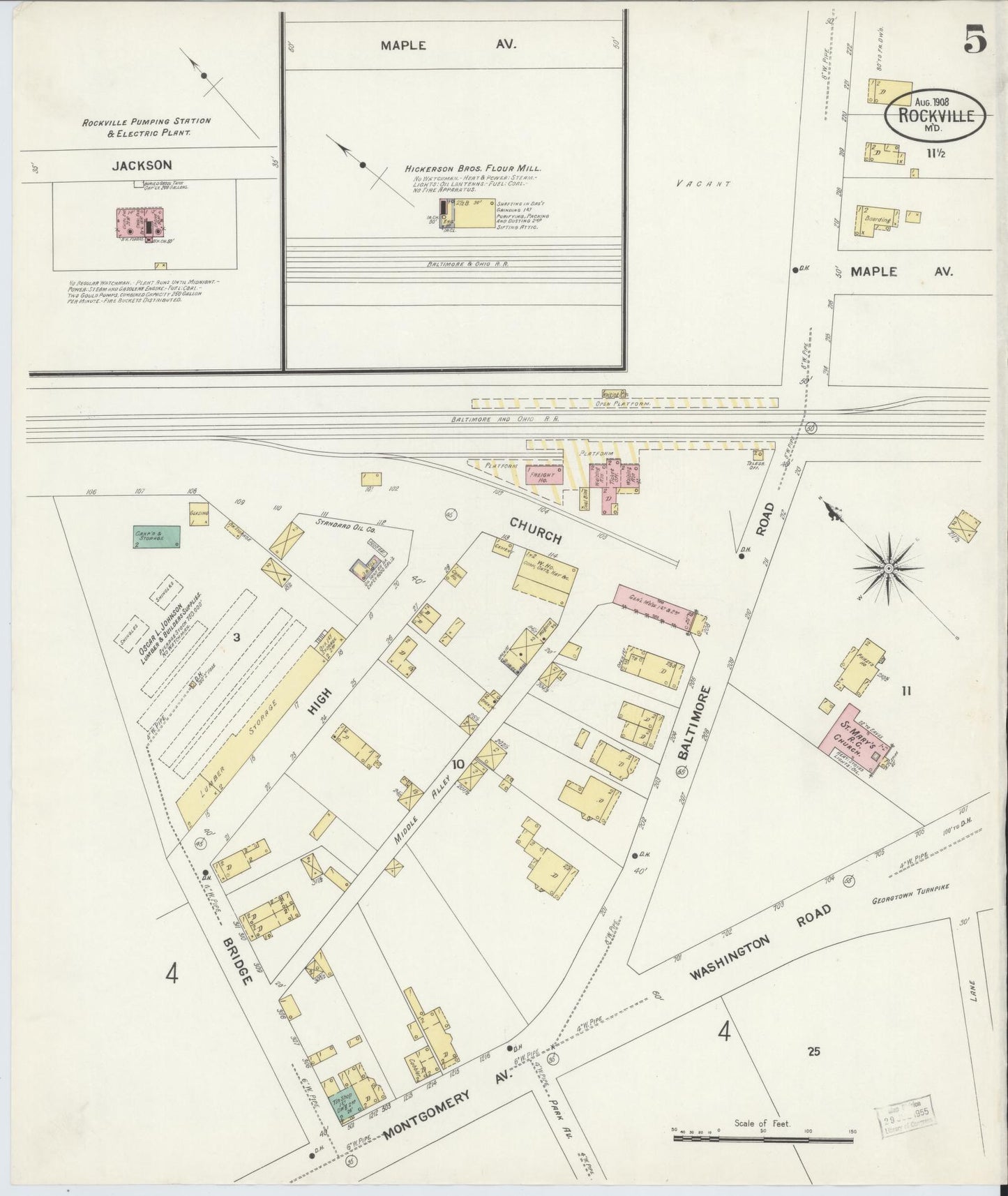 Sanborn Fire Insurance Map from Rockville, Montgomery County, Maryland (1908), Sheet #0005 - Historic Sanborn Fire Insurance Map Print, vintage old map wall art