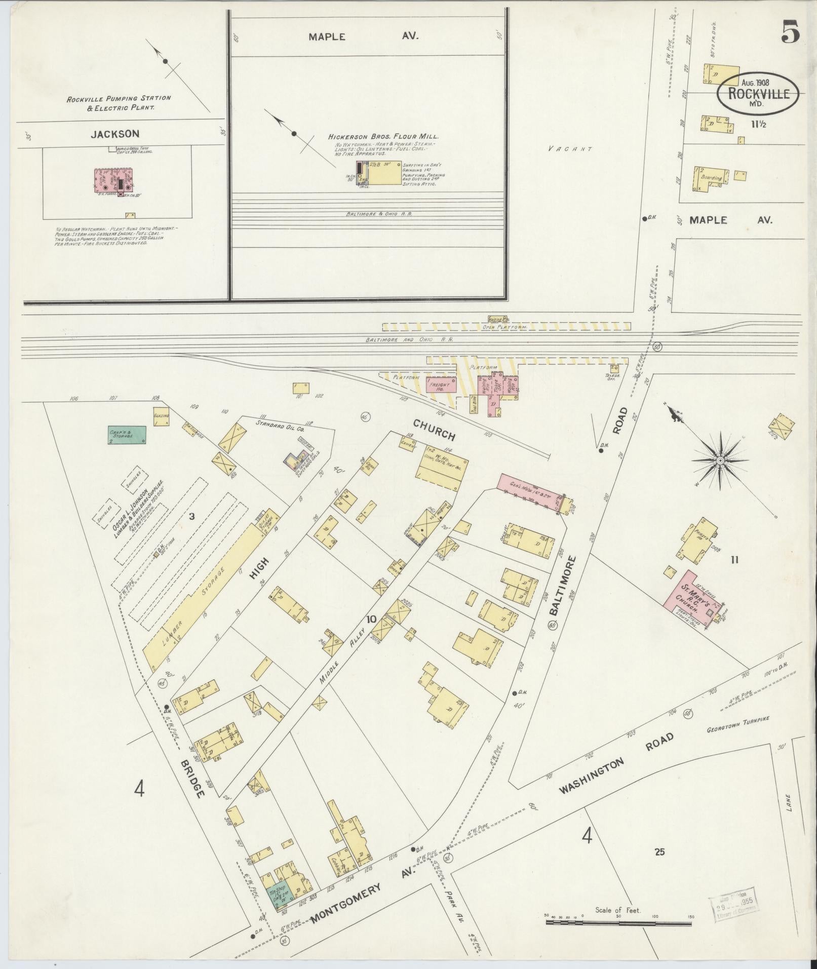 Sanborn Fire Insurance Map from Rockville, Montgomery County, Maryland (1908), Sheet #0005 - Historic Sanborn Fire Insurance Map Print, vintage old map wall art