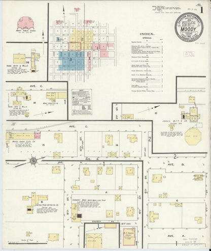 Sanborn Fire Insurance Map from Moody, McLennan County, Texas (1912), Sheet #0001 - Historic Sanborn Fire Insurance Map Print, vintage old map wall art, antique decor, genealogy gift, Texas Texas map