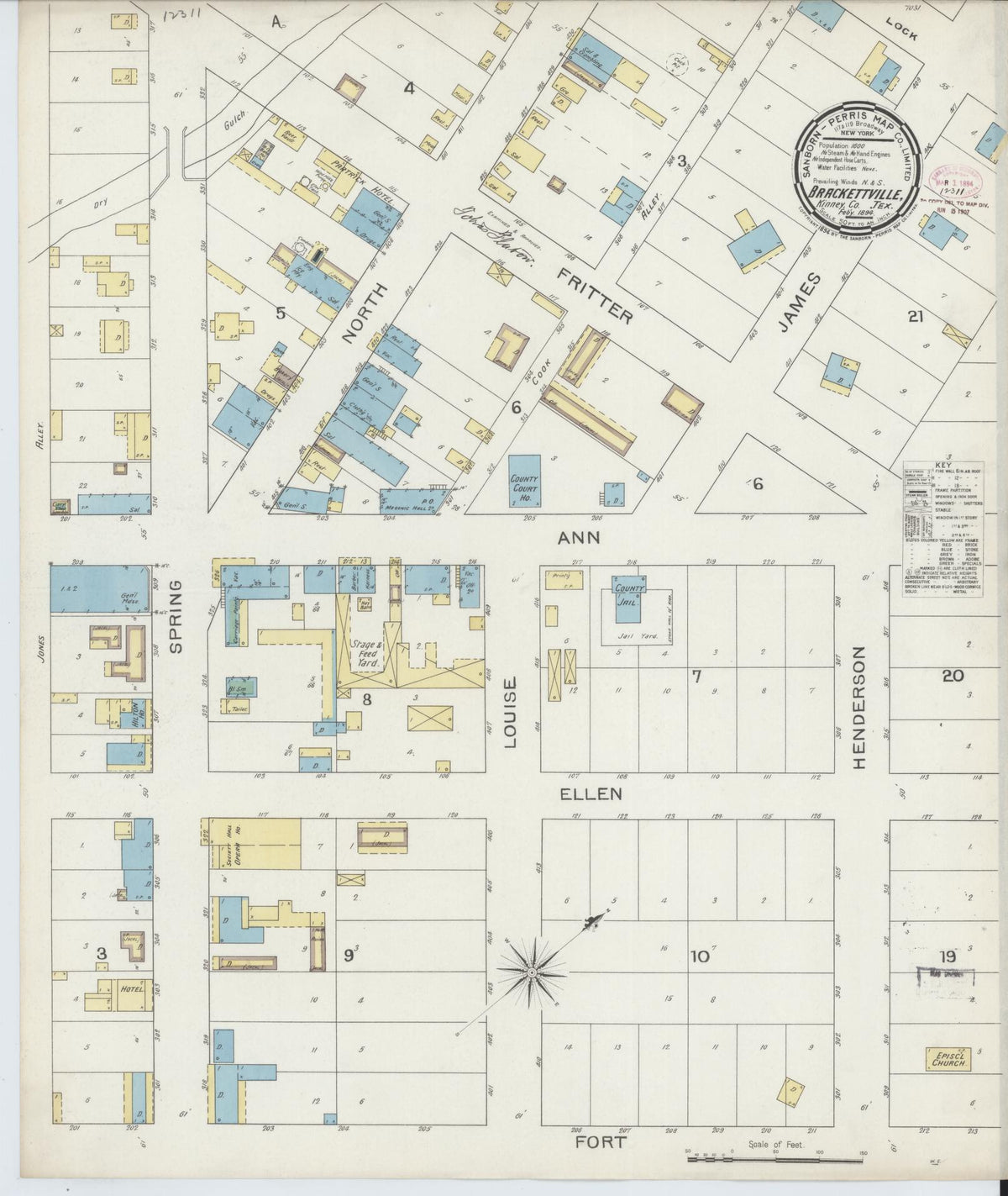Sanborn Fire Insurance Map from Brackettville, Kinney County, Texas (1894), Sheet #0001 - Historic Sanborn Fire Insurance Map Print, vintage old map wall art, antique decor, genealogy gift, Texas Texas map
