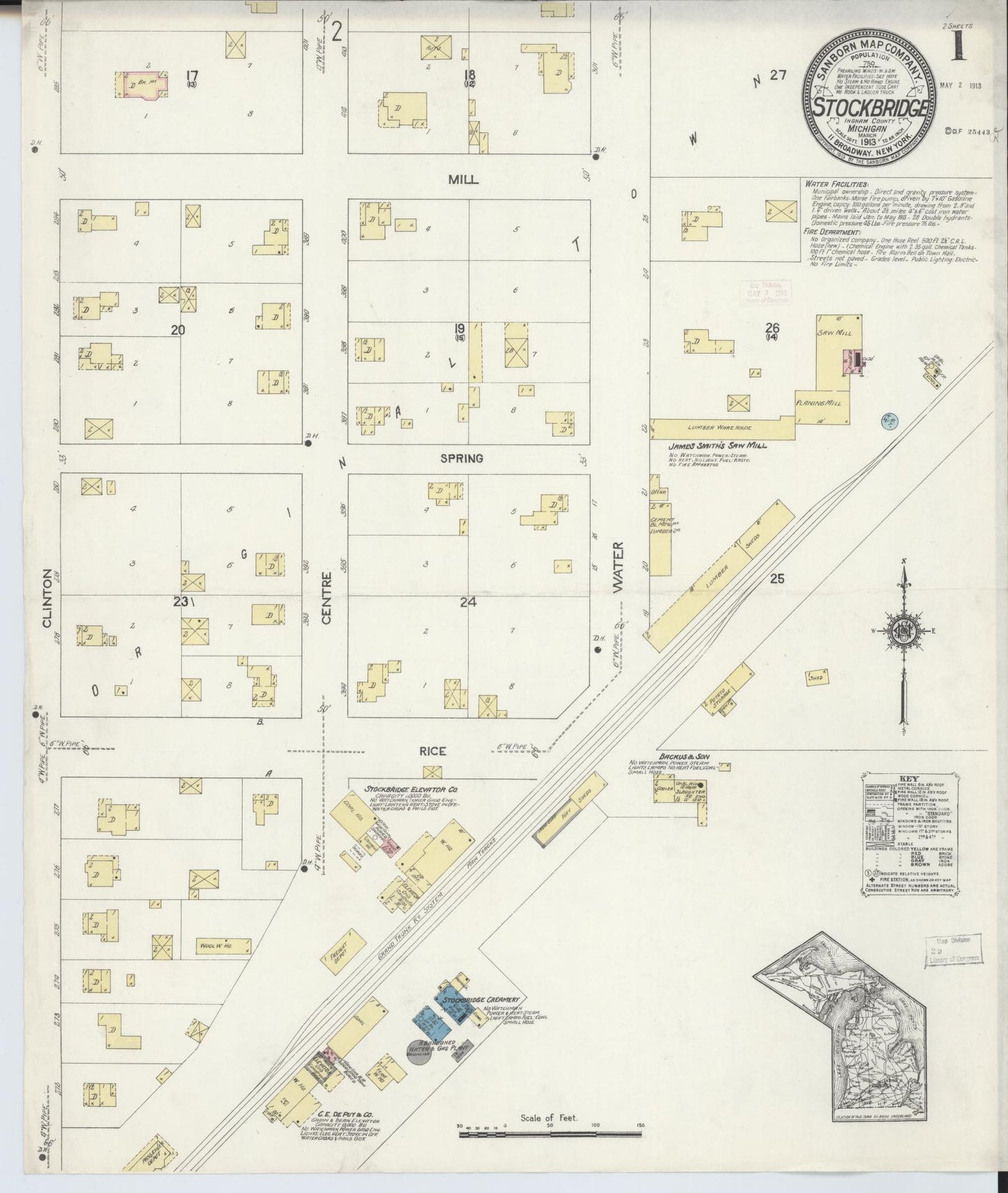 Sanborn Fire Insurance Map from Stockbridge, Ingham County, Michigan (1913), Sheet #0001 - Historic Sanborn Fire Insurance Map Print, vintage old map wall art, antique decor, genealogy gift, Michigan Michigan map
