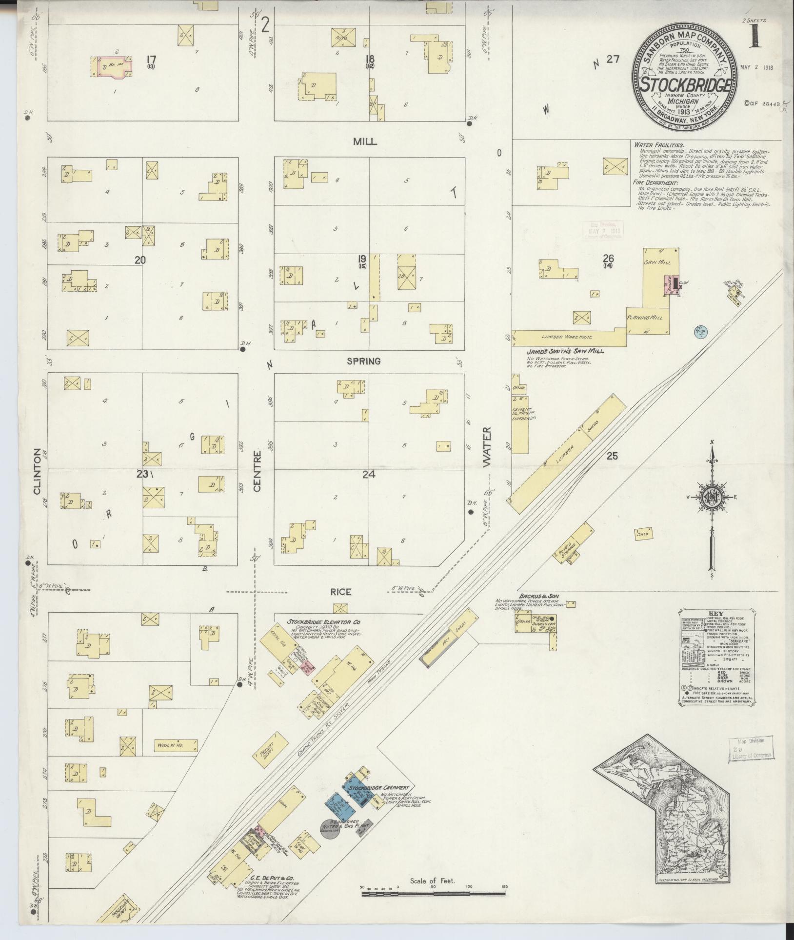 Sanborn Fire Insurance Map from Stockbridge, Ingham County, Michigan (1913), Sheet #0001 - Historic Sanborn Fire Insurance Map Print, vintage old map wall art, antique decor, genealogy gift, Michigan Michigan map