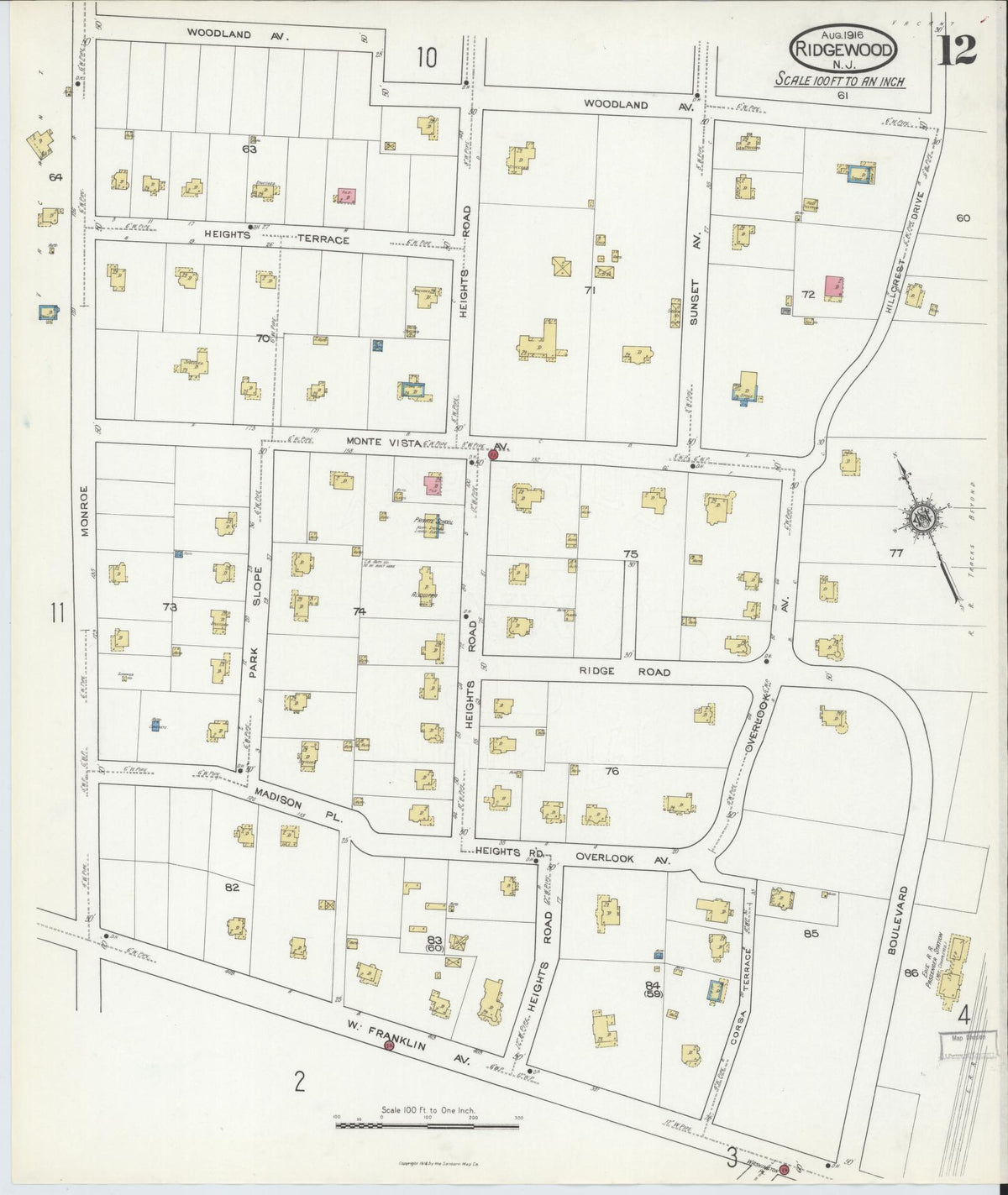 Sanborn Fire Insurance Map from Ridgewood, Bergen County, New Jersey (1916), Sheet #0012 - Complete Map Set gallery image, historic Sanborn map, vintage wall art, New Jersey New Jersey