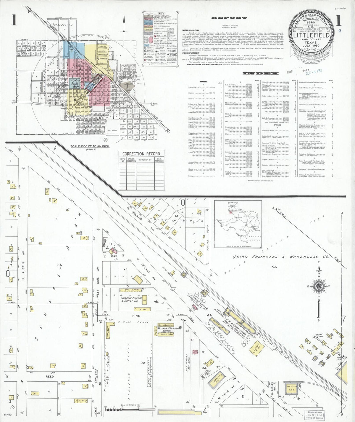 Sanborn Fire Insurance Map from Littlefield, Lamb County, Texas (1950), Sheet #0001 - Complete Map Set gallery image, historic Sanborn map, vintage wall art, Texas Texas