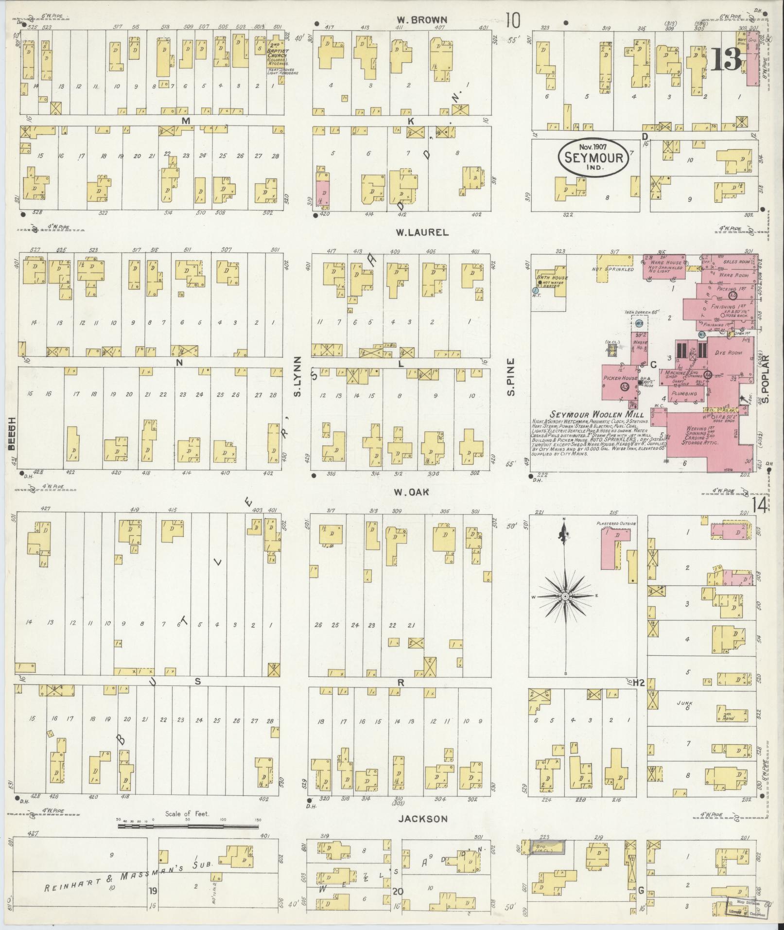 Sanborn Fire Insurance Map from Seymour, Jackson County, Indiana (1907), Sheet #0013 - Complete Map Set gallery image, historic Sanborn map, vintage wall art, Indiana Indiana