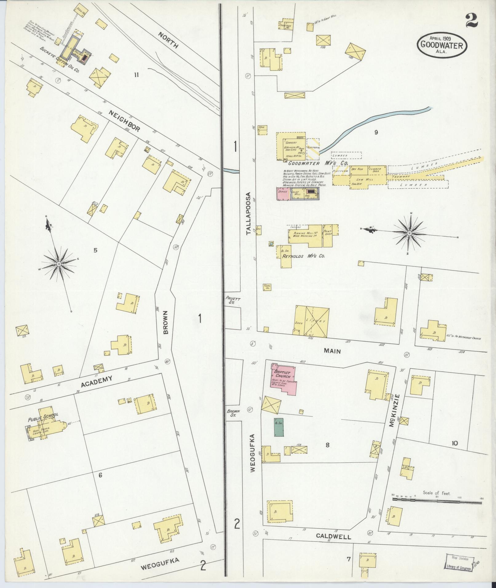 Sanborn Fire Insurance Map from Goodwater, Coosa County, Alabama (1909), Sheet #0002 - Historic Sanborn Fire Insurance Map Print, vintage old map wall art, antique decor, genealogy gift, Alabama Alabama map